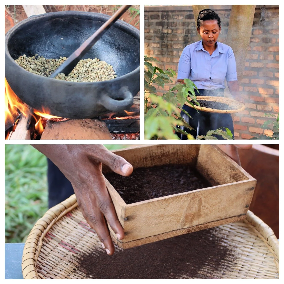 Sometimes, before you taste Rwandan coffee, you hear it.

Green coffee beans gently crackling over an open fire.

Then you smell it.

As the beans slowly roast, their rich aroma begins to fill the air.

Leah Tuyisenge, one of our team members, demons