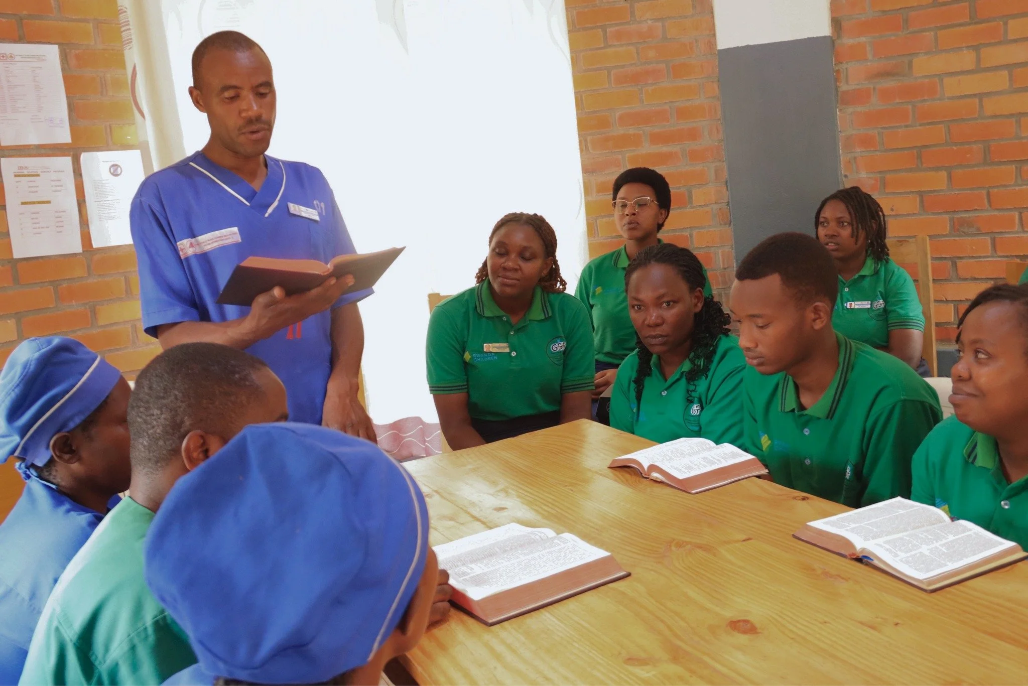 Before the day&rsquo;s work begins, staff at Rwanda Children&rsquo;s Health Center gather for morning devotion.

Nurses, lab technicians, housekeepers, and Health Center director Sabine Mbabazi sing, pray, and read the Bible together.

Then they get 