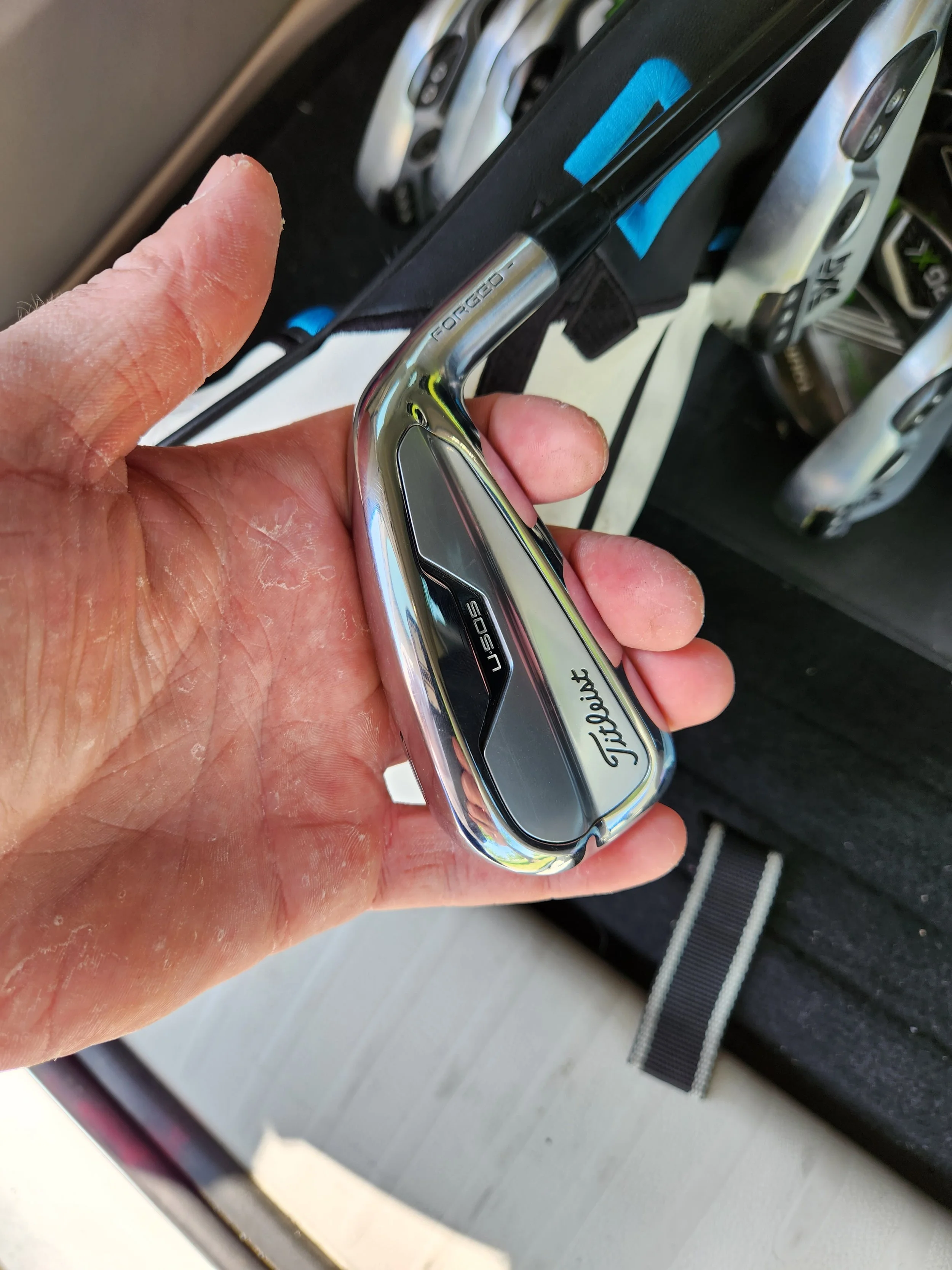 Person holding a Titleist golf club from an iron set.