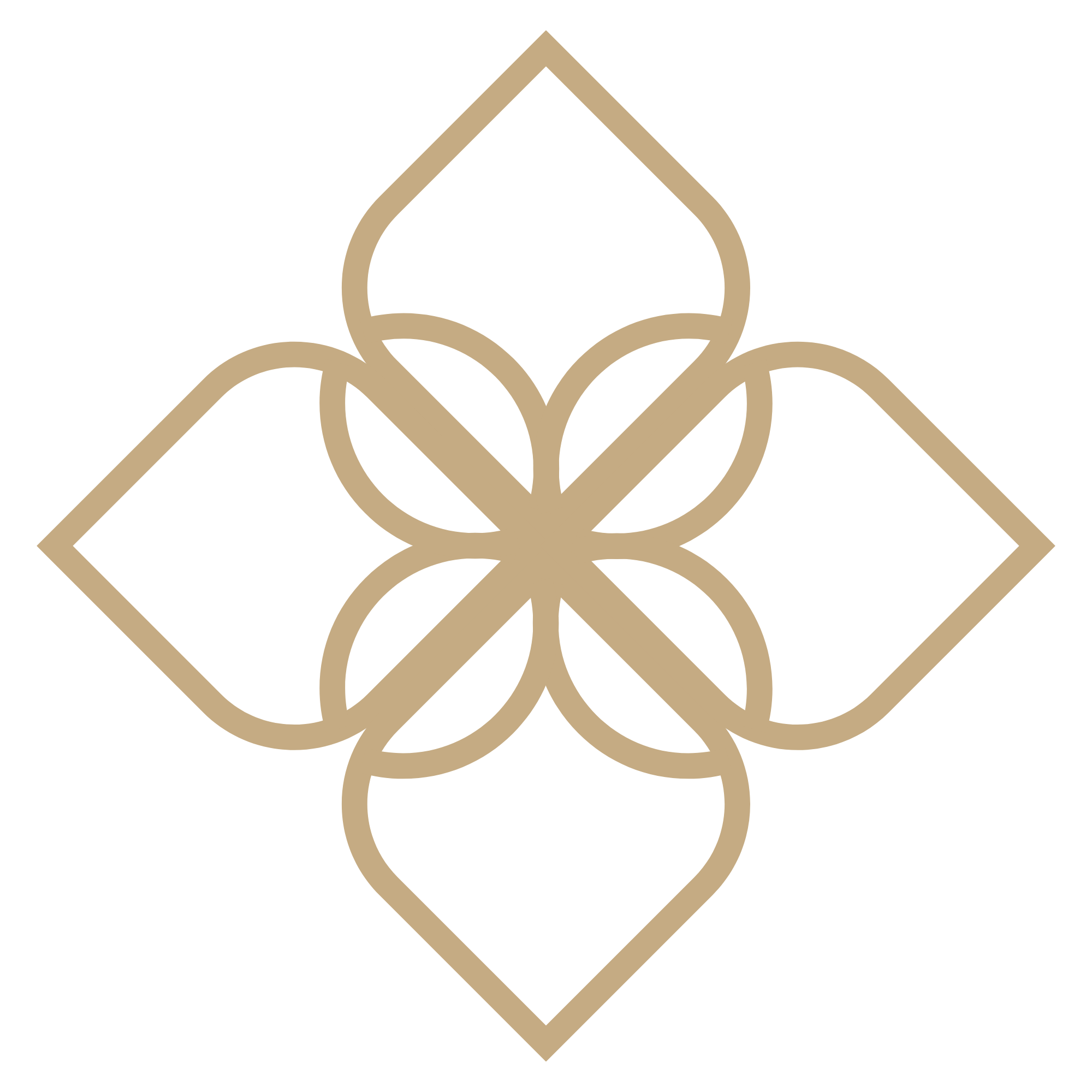 Stylized geometric pattern with overlapping shapes in gold on a black background.