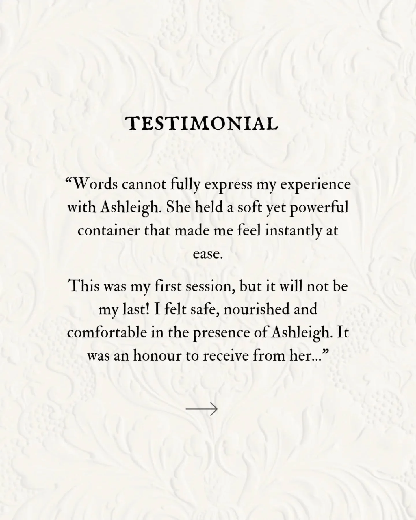 Thank you Megan! 🫶🏼🦋

"Words cannot fully express my experience with Ashleigh. She held a soft yet powerful container that made me feel instantly at ease.

This was my first session, but it will not be my last! I felt safe, nourished and comf