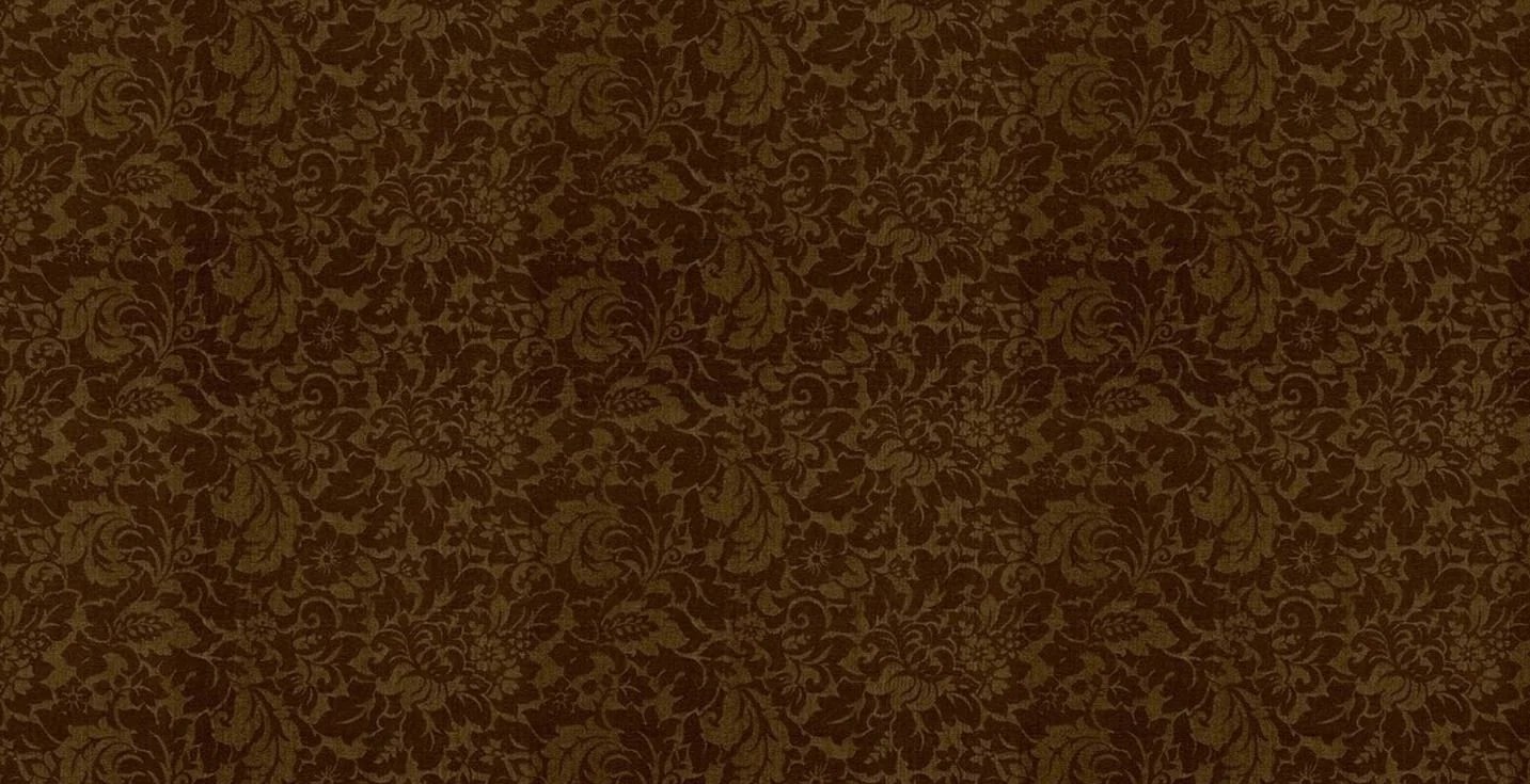 Brown damask wallpaper pattern with floral designs.