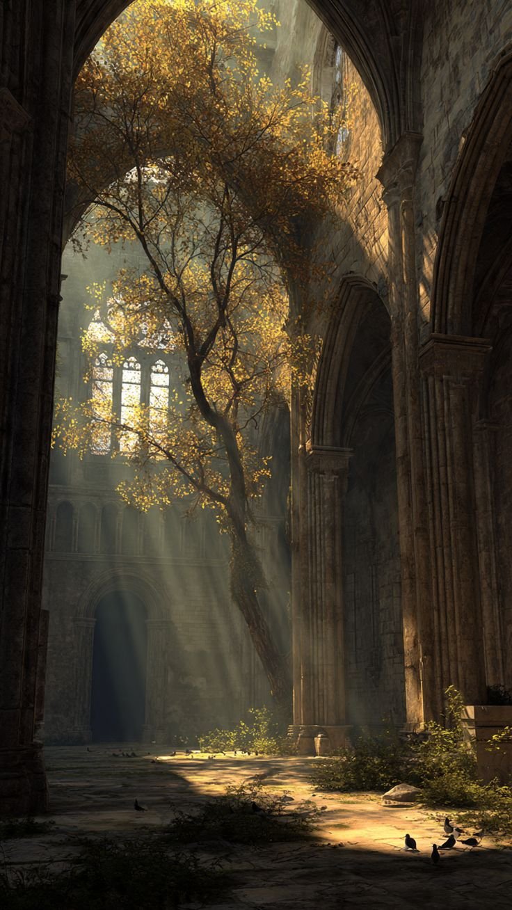 Sunlight streams through broken stained glass windows inside an old, abandoned cathedral, illuminating a tree growing in the middle of the nave with yellow autumn leaves. Birds are on the ground among scattered plants and debris.