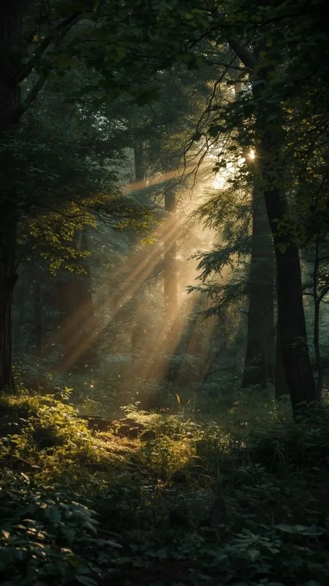 Sunlight streaming through a dense forest with tall trees and lush green undergrowth.