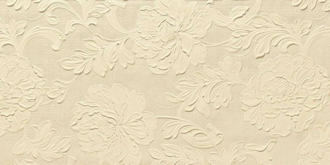 Cream-colored textured wallpaper with floral embossed pattern featuring large flowers and leaves.