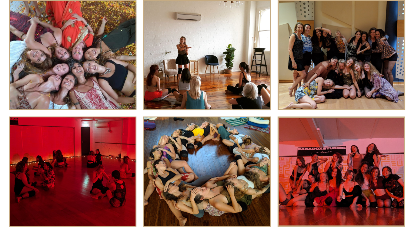 Collage of six images showing women participating in a dance and yoga class, group photos, a woman leading a session, and an indoor dance studio with red lighting.