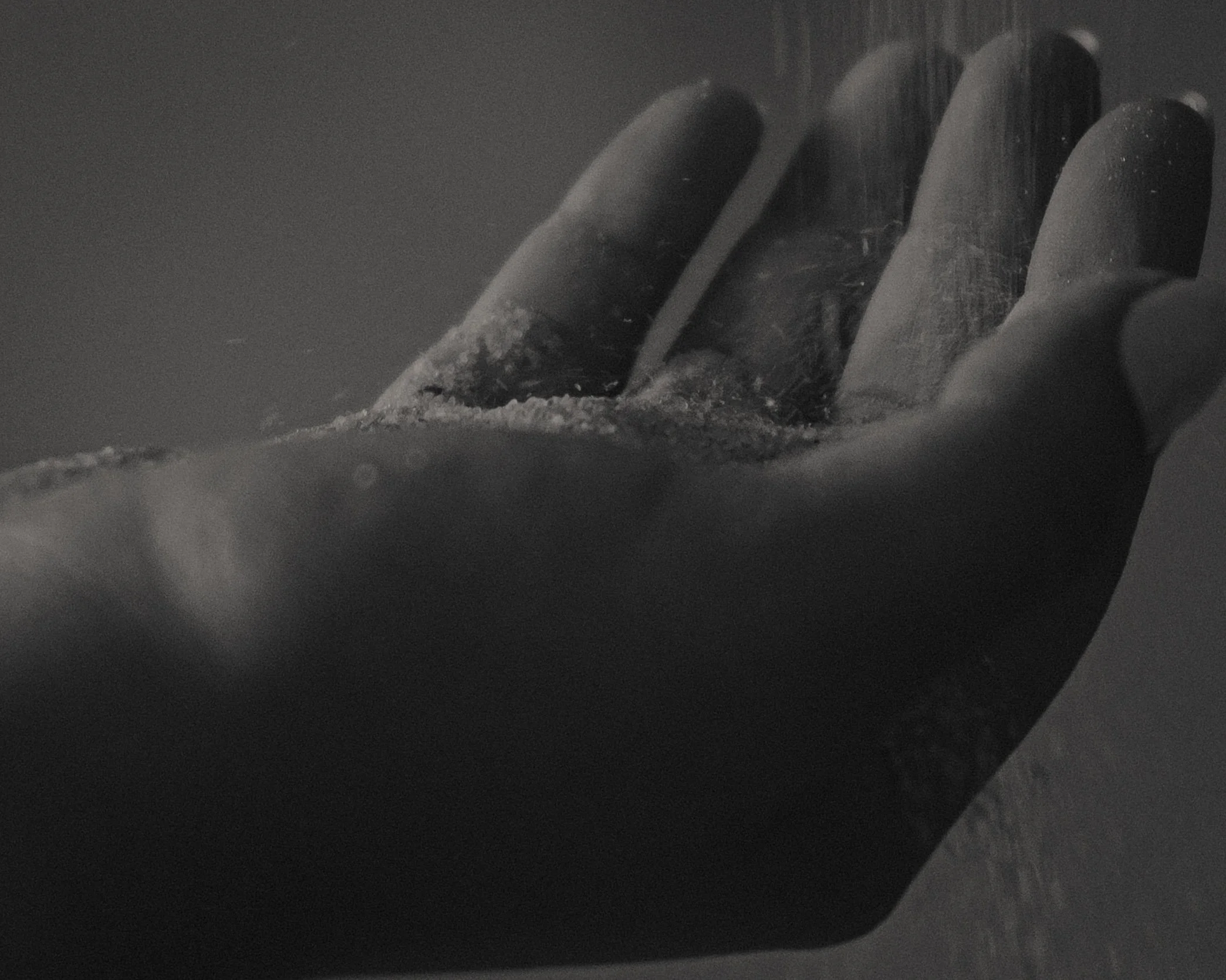 Close-up of a human hand with some powder or sand grains on the fingers and palm, appears to be black and white.