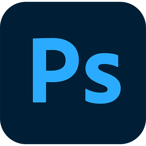 Adobe Photoshop logo with blue initials on a dark background.