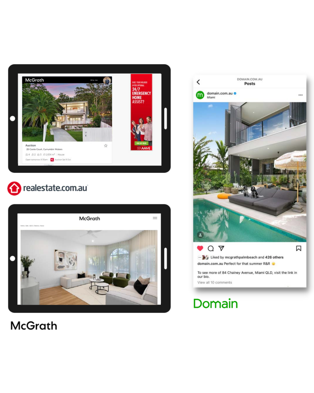 Examples of Property digital campaigns across Domain, Realestate.com.au and McGrath. Billy Jaz. McGrath Palm Beach.