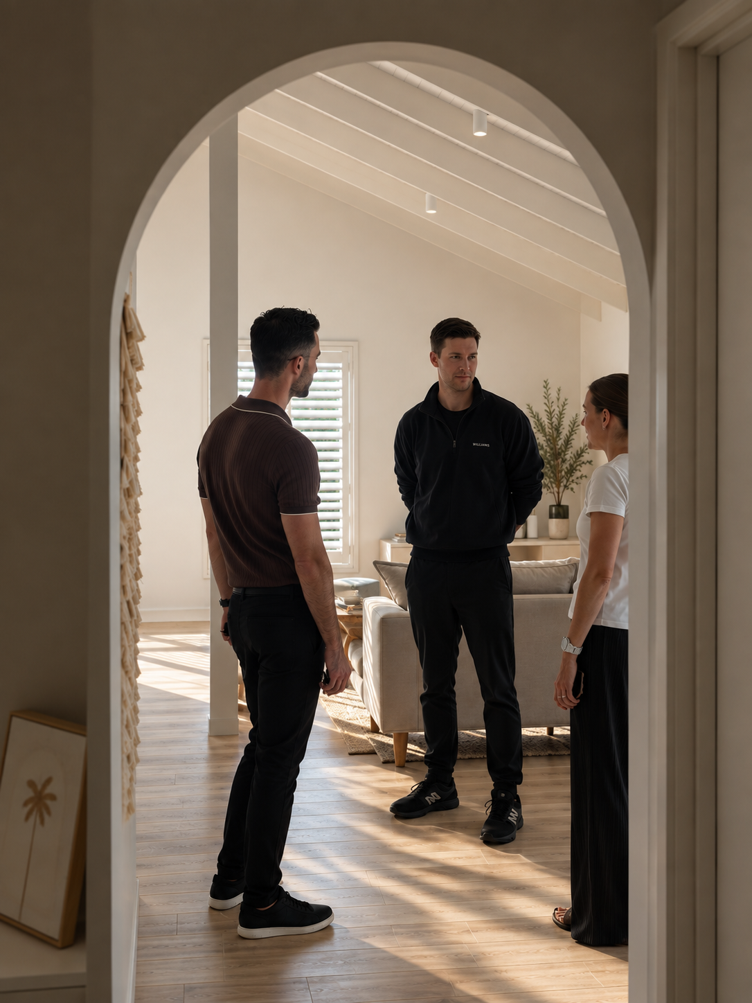 Billy Jaz speaking with Sellers under arch, modern home.