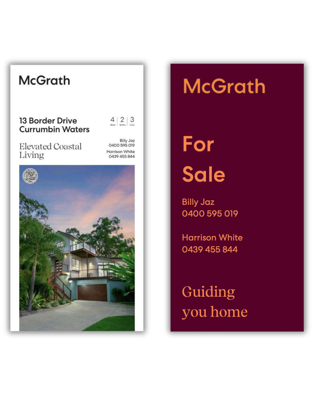 Examples of McGrath Estate Agents Signage for listed properties. Two rendered signs, one with imagery, another with plain text. Billy Jaz Agent. McGrath Palm Beach