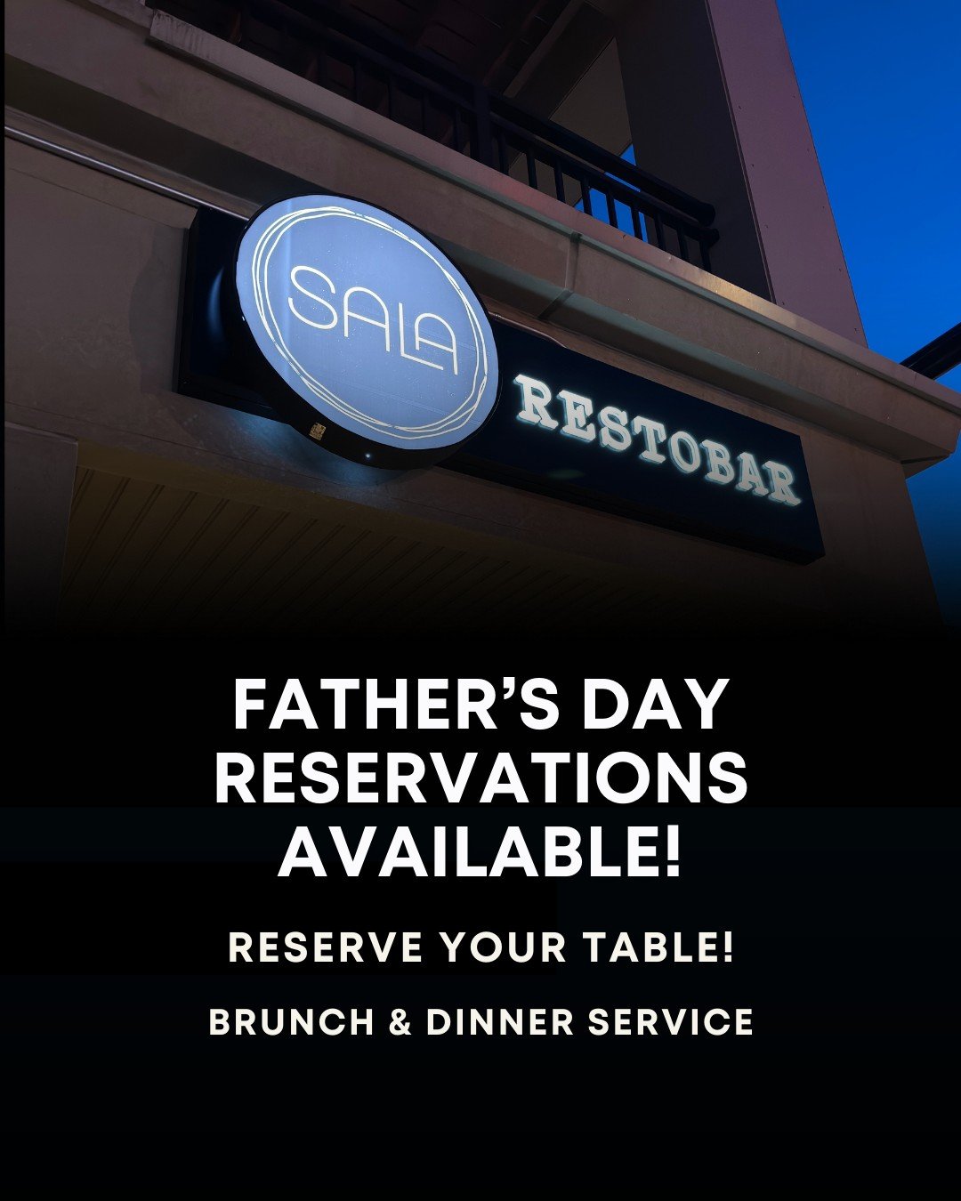 Last call for Father&rsquo;s Day at Sala! 👔

Celebrate Dad with a delicious meal and a welcoming atmosphere &mdash; we&rsquo;ll take care of everything so you can just enjoy.

Open 10:30am to 9pm. Reserve your table for June 15th today! https://bit.