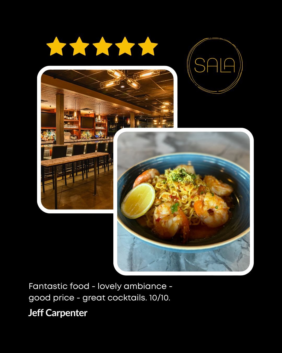 Thank you, Jeff, for the glowing 10/10! 🙌 We're all about creating a memorable dining experience&mdash;from the first sip to the last bite. We&rsquo;re so glad it all came together for you. Cheers to many more great nights at Sala! 🍽️🍸

#Review #S
