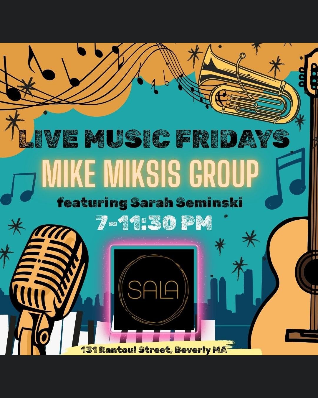 Catch the Mike Miksis Group this Friday night at Sala, featuring @charlie.c.oneal
 on guitar, Mike Dettore on drums, @sarahseminski on vocals, and @michaelmiksis on bass. What's better than great live music and delicious eats? 🎸🍲