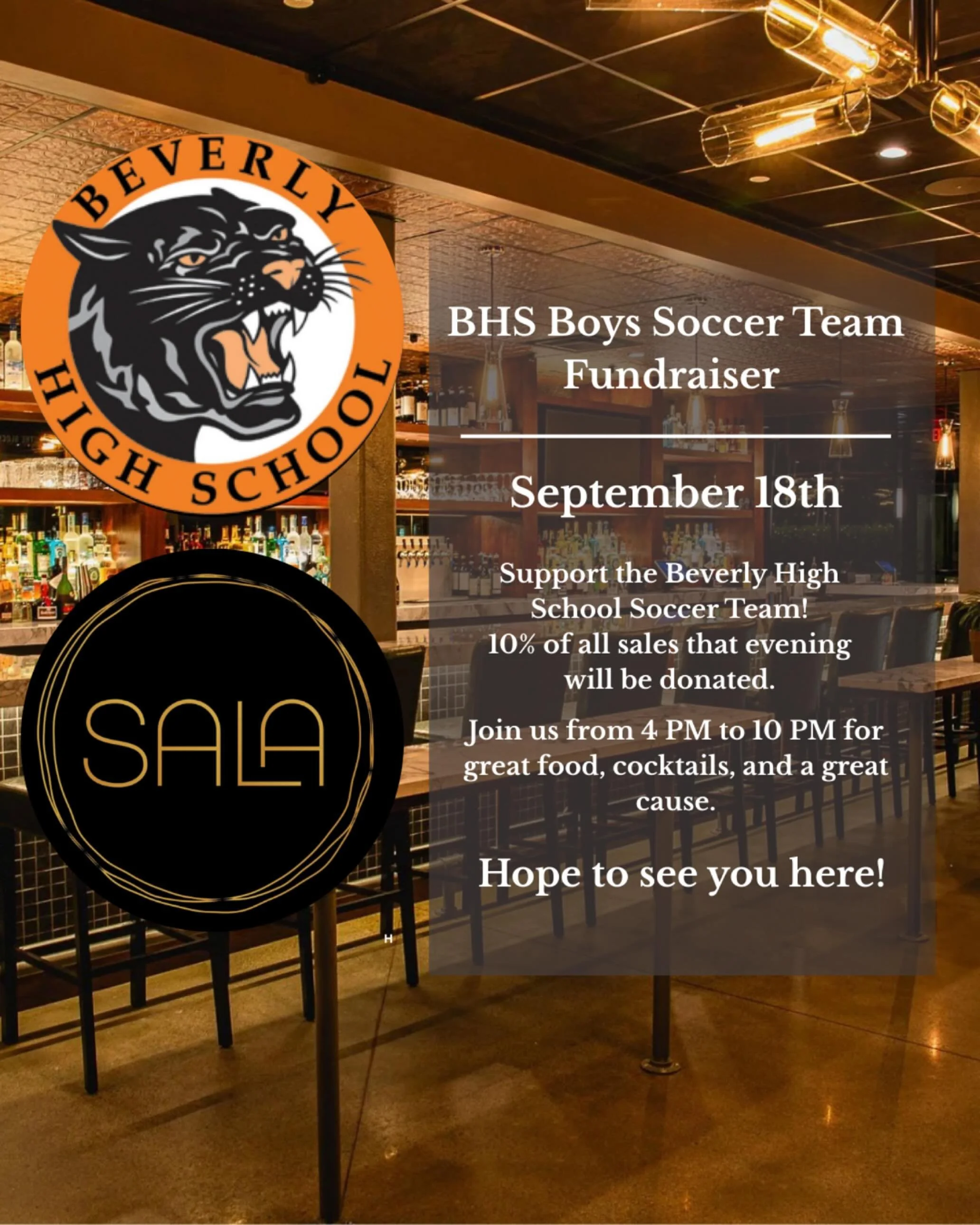 Fundraiser Night &ndash; September 18th
Join us at Sala Restobar on Wednesday, September 18th to support the Beverly High School Soccer Team!
✨ We&rsquo;ll be donating 10% of all sales that evening to the team.

Come by for craft cocktails, flavorful