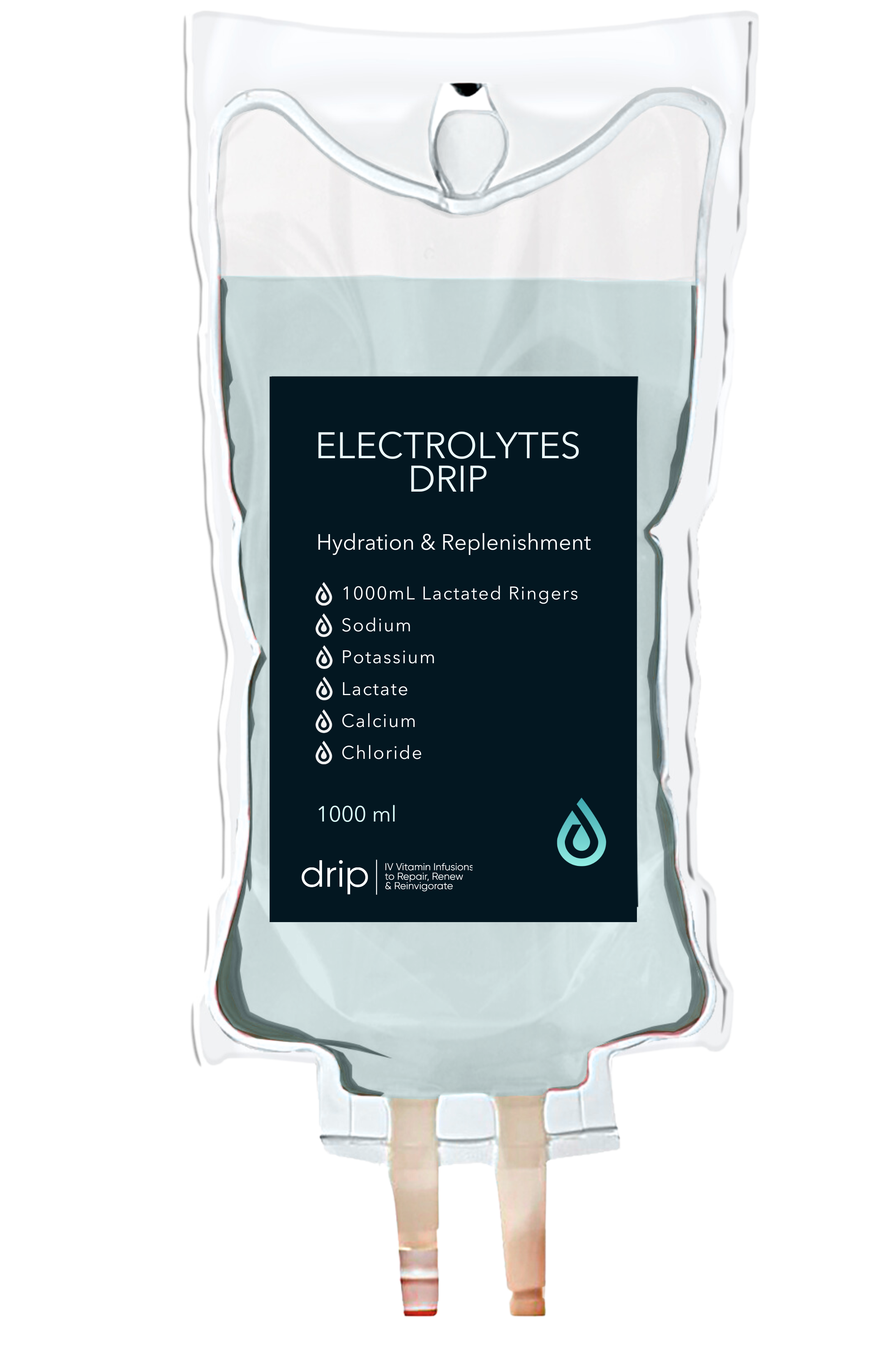 A medical IV bag labeled 'Electrolytes Drip' containing hydration and replenishment fluids with ingredients listed, including sodium, potassium, lactate, calcium, and chloride, intended for IV vitamin infusions.
