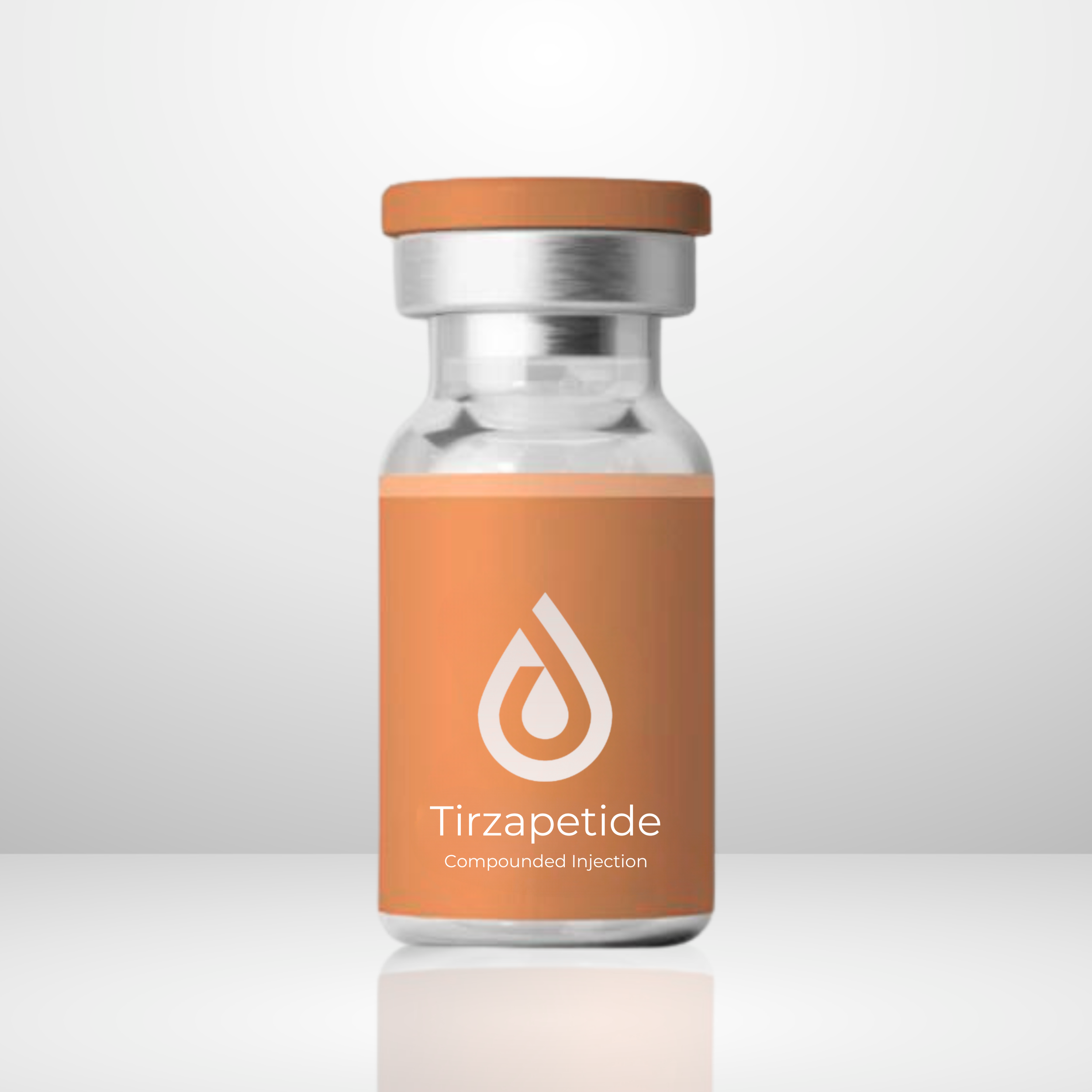 A vial labeled Tirzapetide with a logo and the text 'Compounded Injection' on orange and white label.