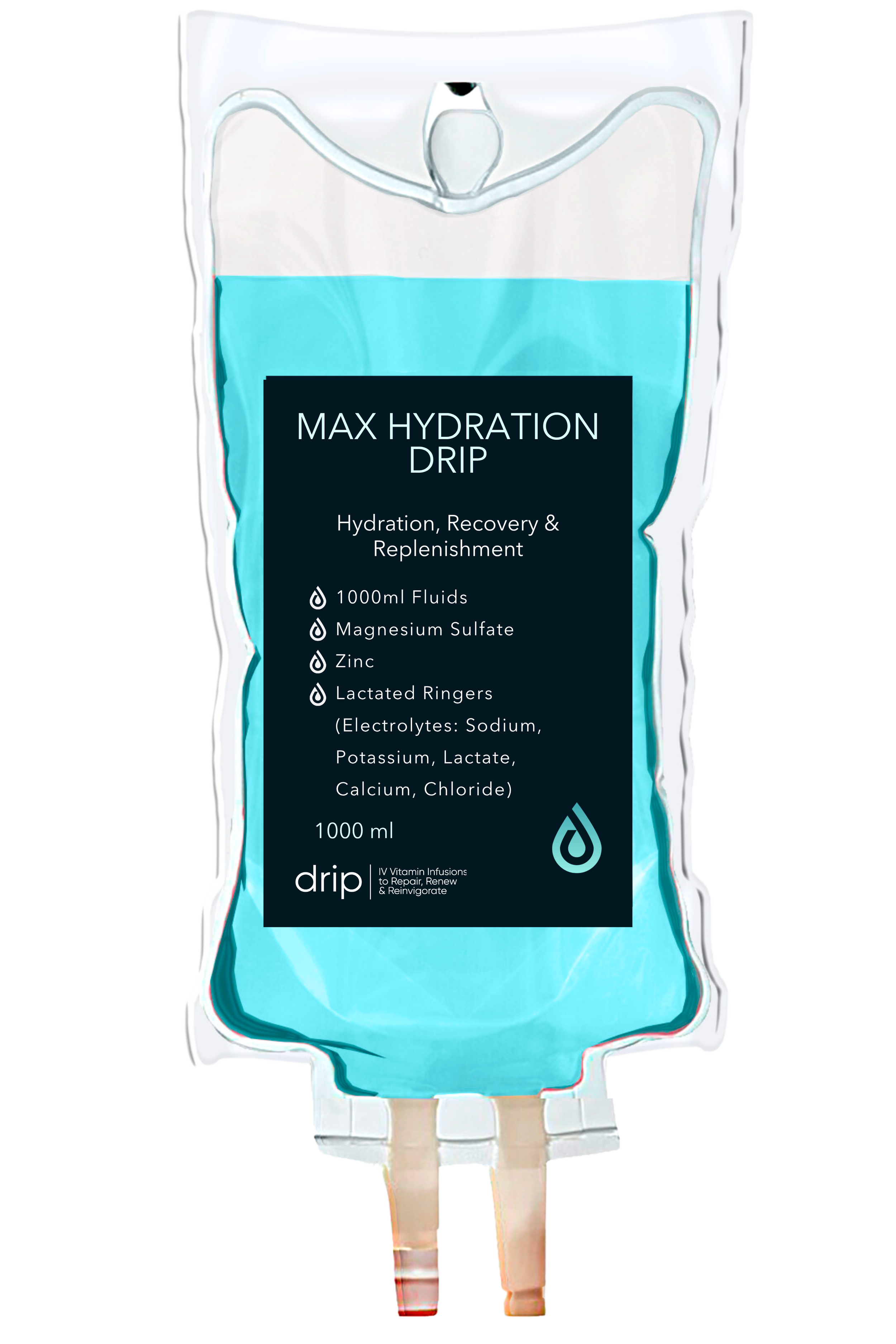 A medical IV hydration bag labeled 'Max Hydration Drip,' containing a blue fluid. The bag states it provides hydration, recovery, and replenishment, with ingredients listed as magnesium sulfate, zinc, lactated ringers, and electrolytes such as sodium, potassium, lactate, calcium, and chloride. The bag has a tube attached at the top for IV infusion.