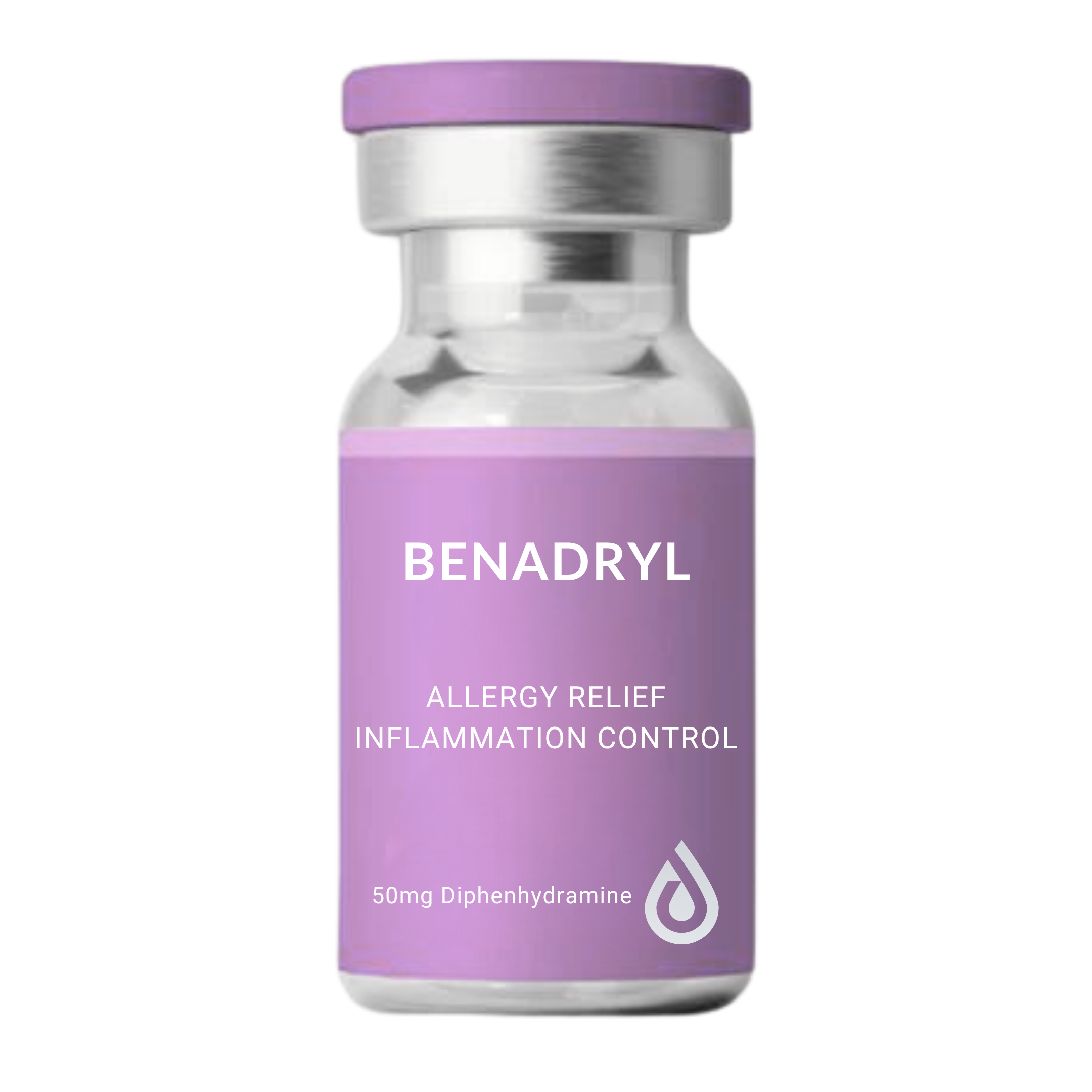 A small bottle of allergy relief medication labeled Benadryl, with purple and white packaging, indicating 50 mg of diphenhydramine for allergy relief, inflammation control, and allergy symptoms.