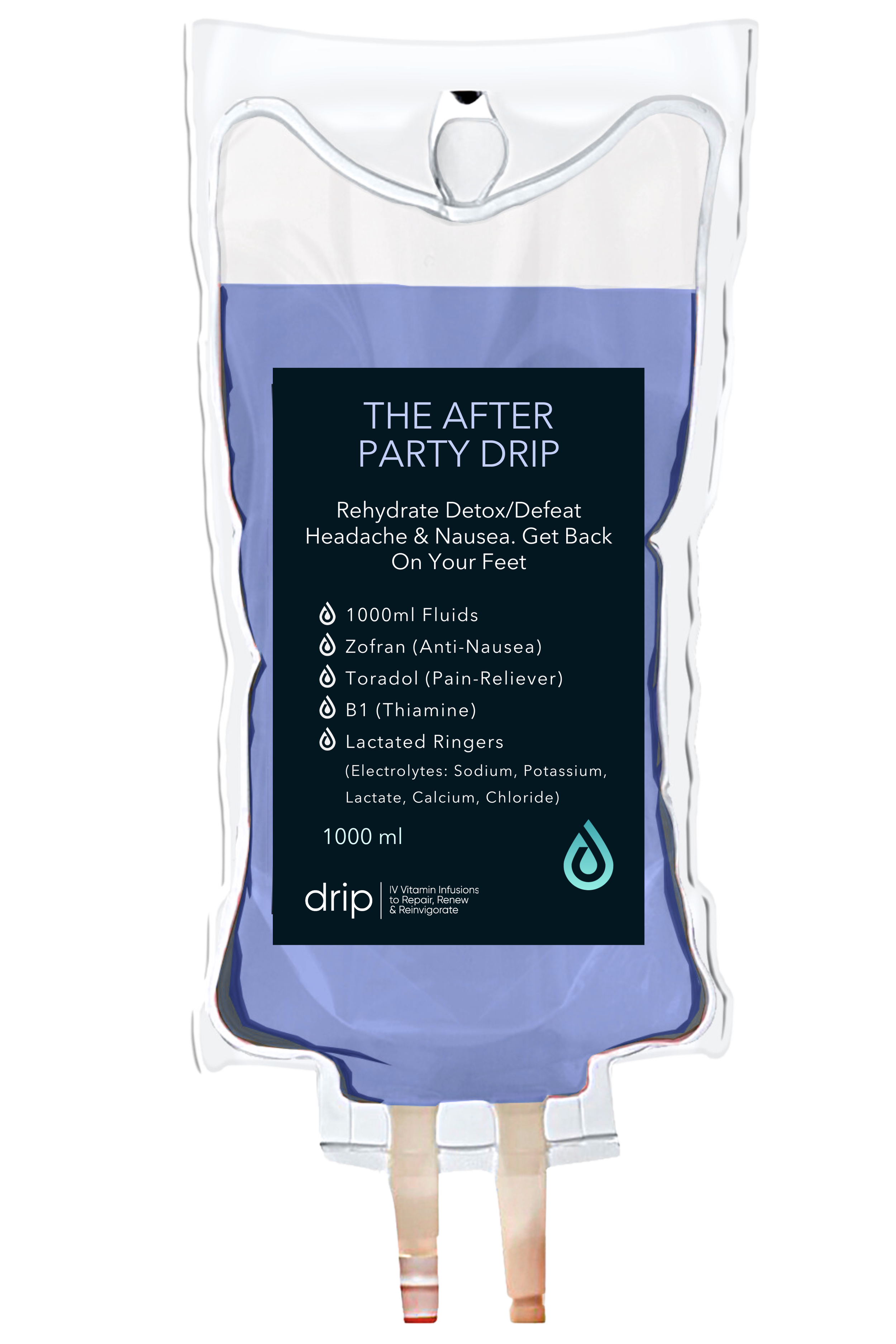 A medical IV fluid bag labeled "The After Party Drip," designed for post-party hydration with ingredients like Zofran, Toradol, B1 Thiamine, Lactated Ringers, and electrolytes.