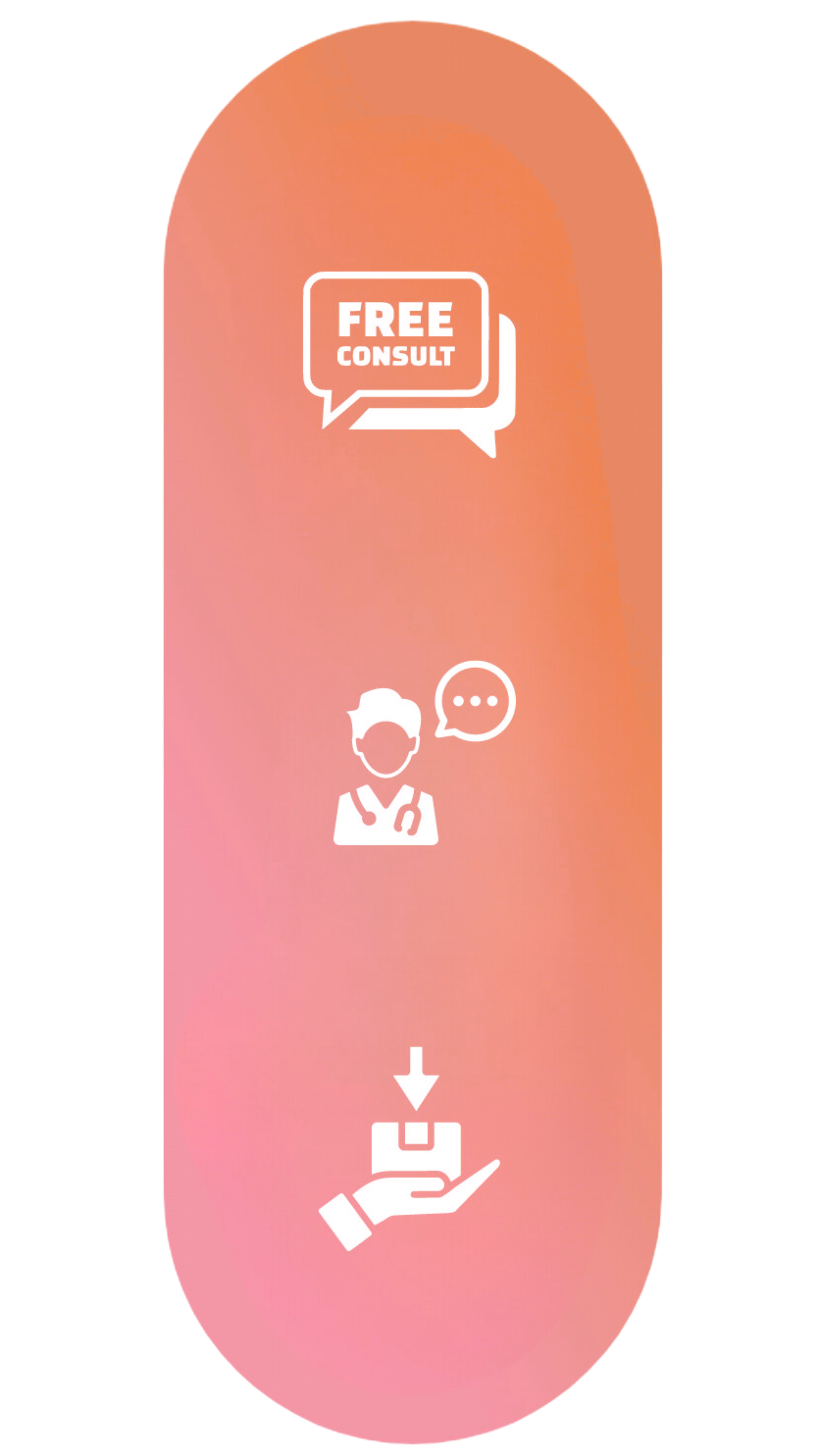 A vertical gradient background with three white icon illustrations: a speech bubble with 'FREE CONSULT', a person talking with a speech bubble, and a hand holding a box.