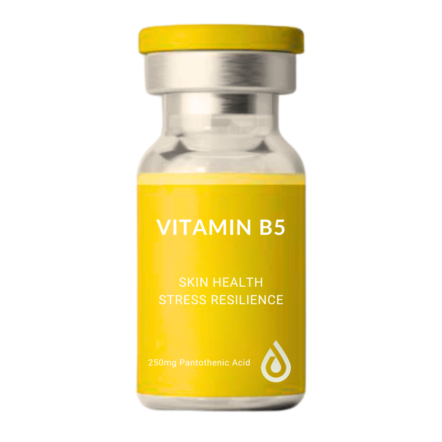 Green bottle of Vitamin B5 supplement with yellow cap, label reads 'Vitamin B5', 'Skin Health', 'Stress Resilience', '250mg Pantothenic Acid'.