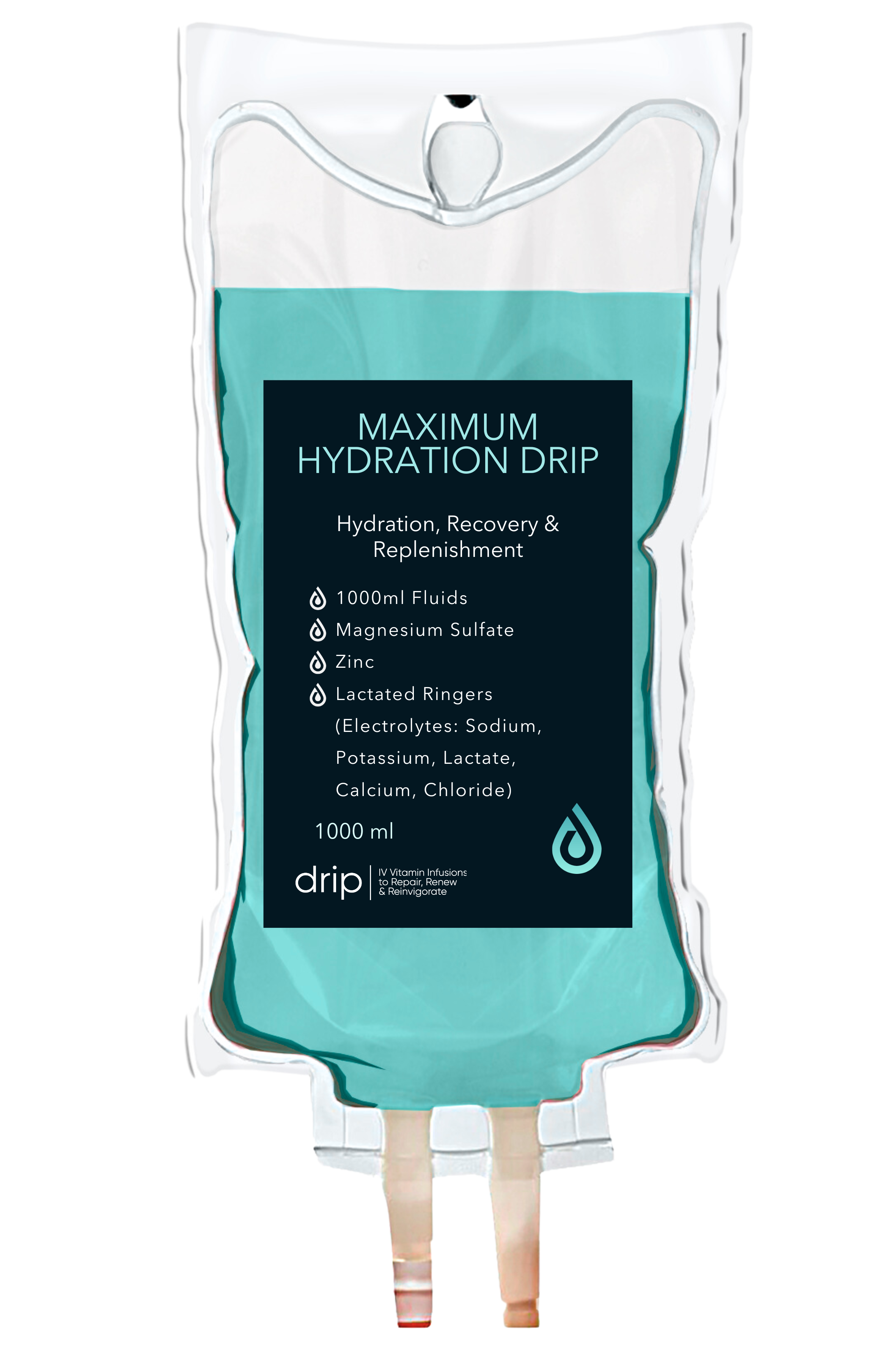 A medical IV fluid bag labeled 'Maximum Hydration Drip', containing 1000ml of hydration fluid with electrolytes, including magnesium sulfate, zinc, and lactated ringers.
