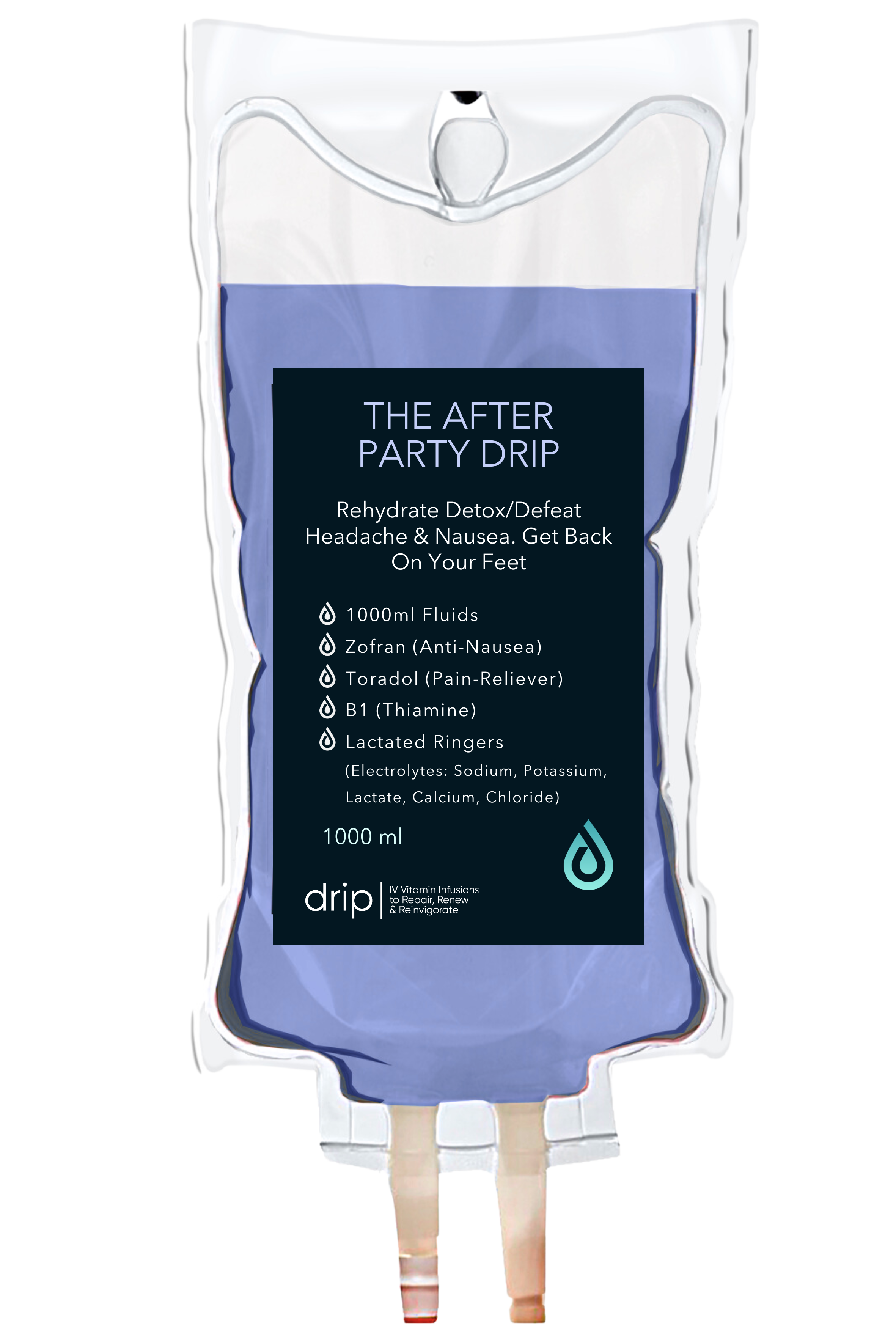 A medical IV fluid bag labeled "The After Party Drip," containing a blue liquid, with ingredients listed for rehydration and detoxification after a party, including fluids, Zofran, Toradol, B1, and lactated ringers.