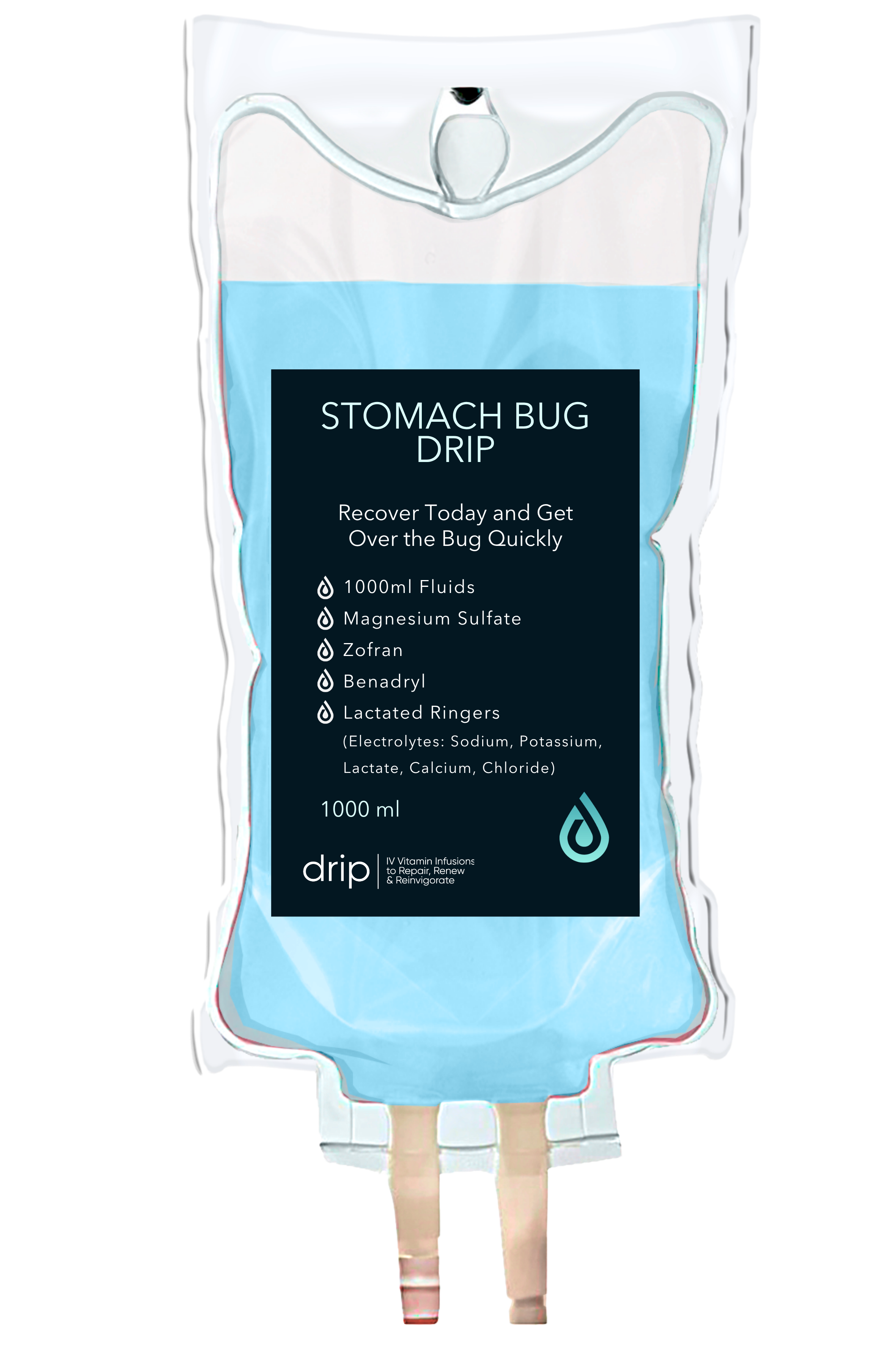 A medical IV drip bag filled with a blue liquid labeled 'Stomach Bug Drip.' The bag is designed to help recover from stomach bugs and contains electrolytes such as sodium, potassium, lactate, calcium, and chloride.