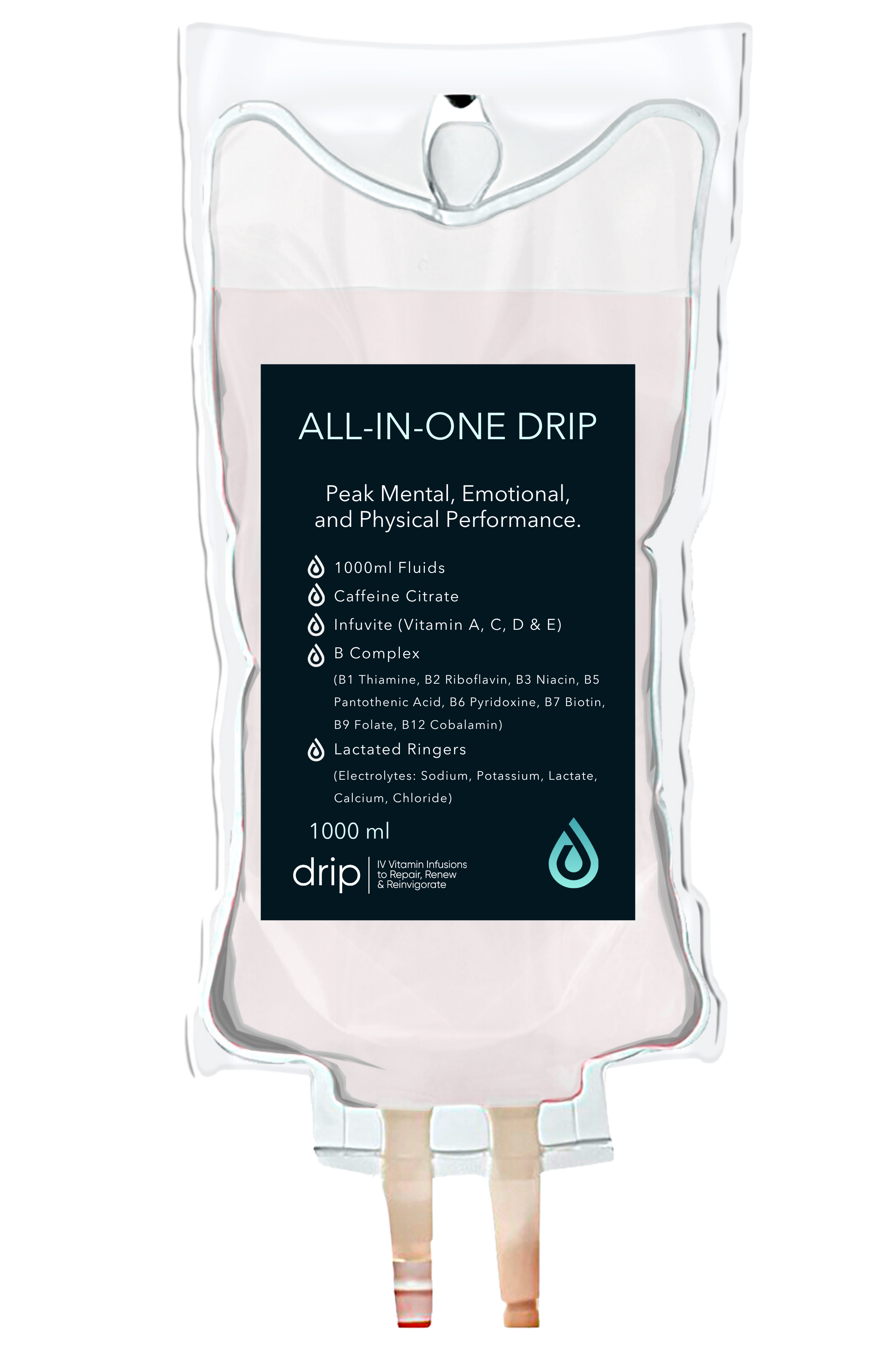 A medical IV drip bag with black and blue label, displaying information about the contents, including 1000ml fluids, caffeine citrate, vitamins A, C, D, E, B complex, and electrolytes. The bag is transparent, showing the liquid inside, and has two tubes at the bottom for infusion.