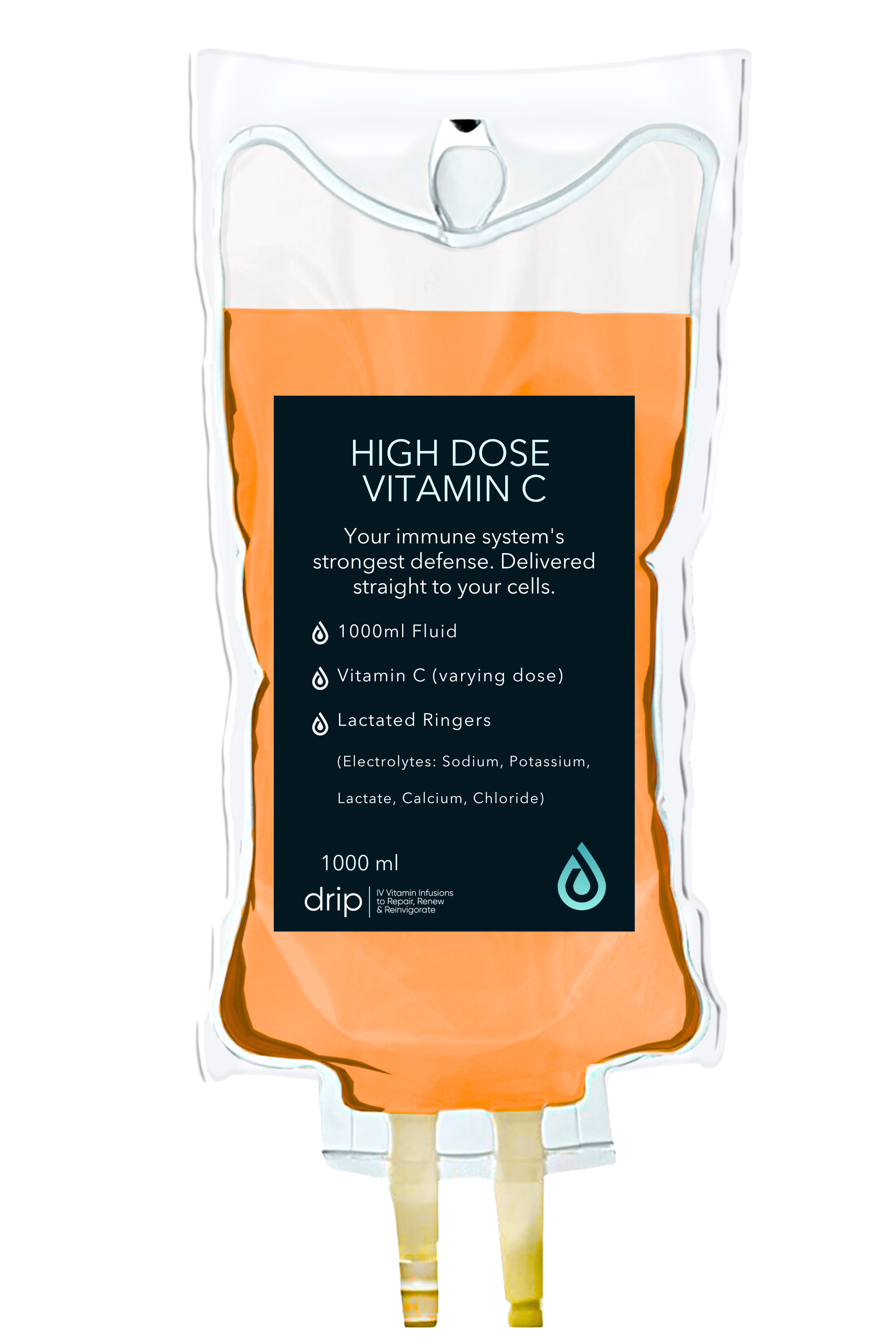 A medical IV infusion bag labeled 'High Dose Vitamin C' with orange-colored liquid, detailed description of contents, volume of 1000 ml, and a logo at the bottom.