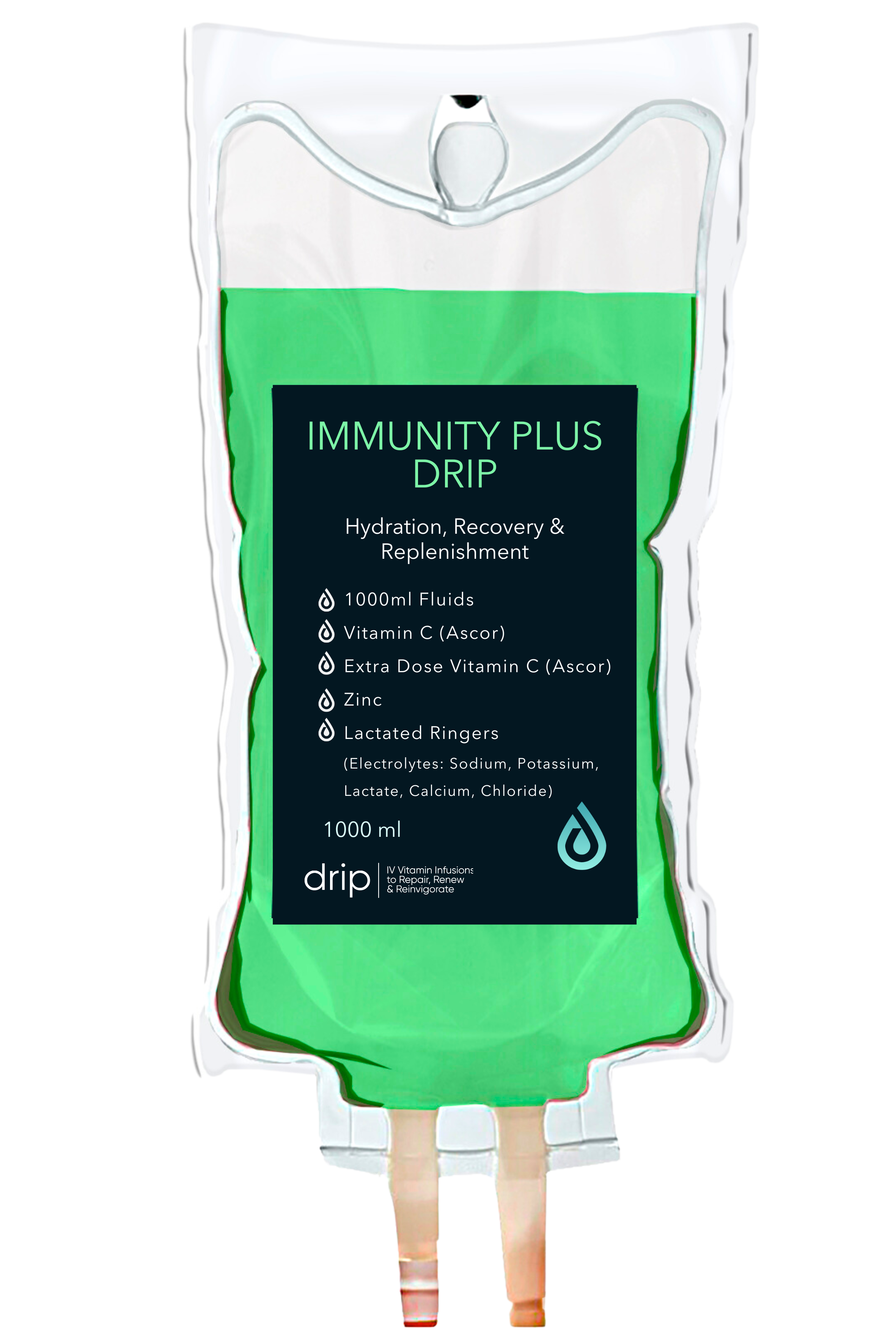 A green medical IV fluid bag labeled Immunity Plus Drip, containing 1000 ml fluids, vitamins C and extra dose vitamin C, zinc, lactated ringers, and electrolytes. The bag has a black label with white text and a drop icon.
