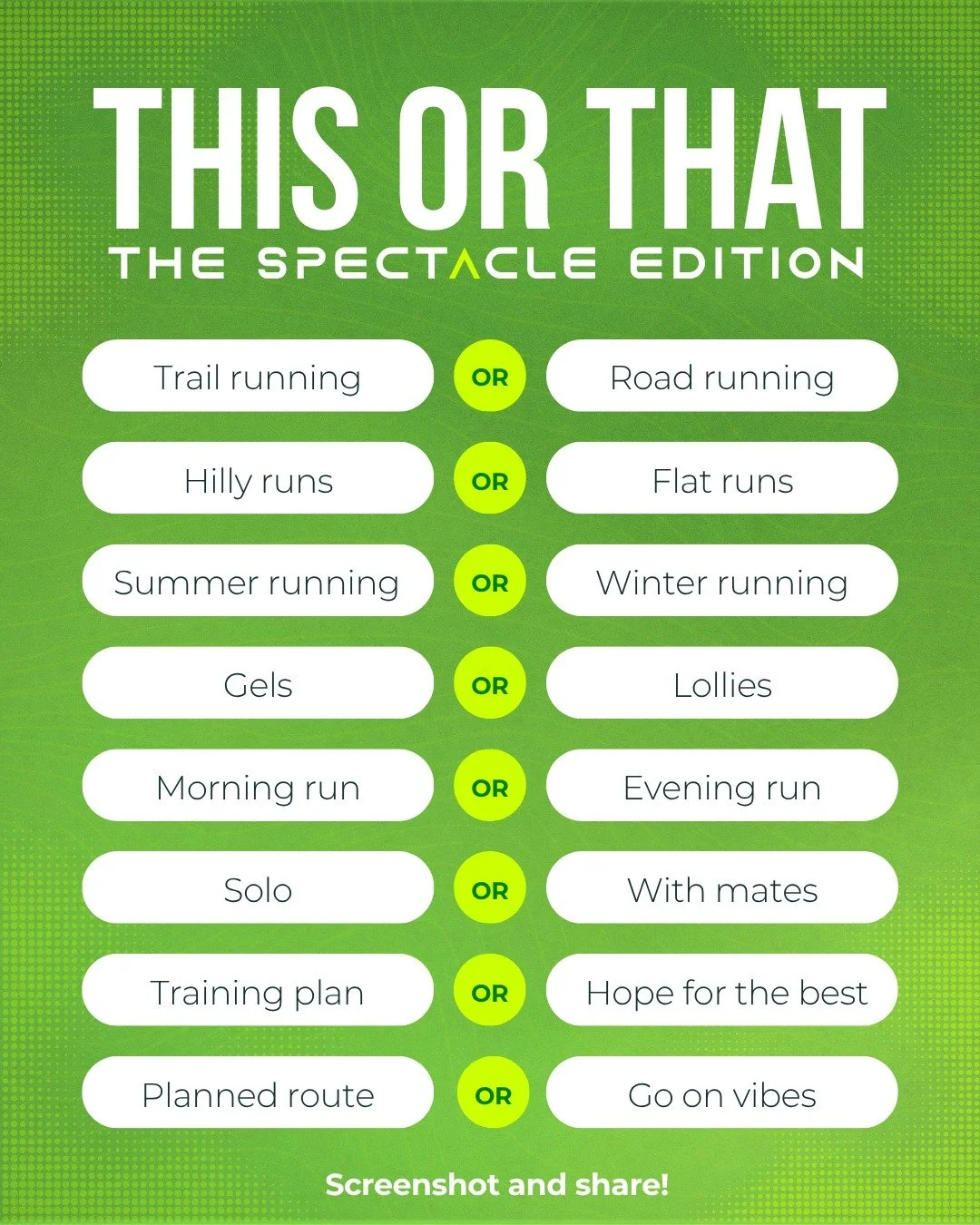 Let&rsquo;s settle some very important running debates. 👀

Road or trail?
Morning or evening runs?
Summer running or winter running?

Screenshot this post, circle your picks and share your answers to your story. Then tag a running mate and see how d