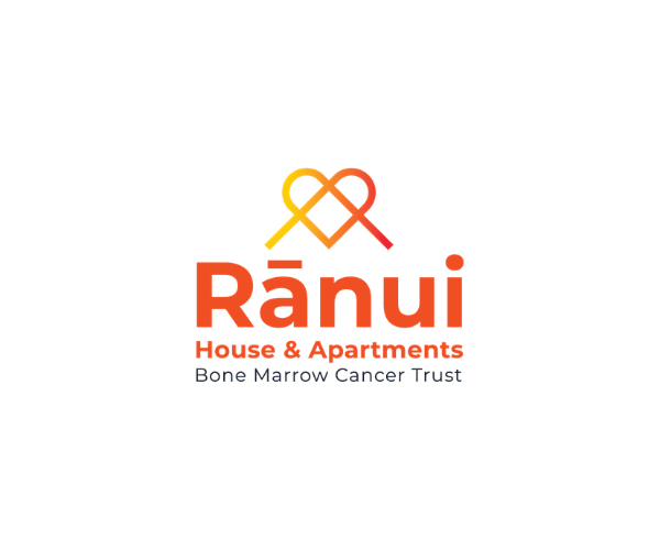 White background with a heart with a triangle through it in orange and yellow. With Ranui in large in orange, and House and Apartments and Bone Marrow Cancer Trust underneath