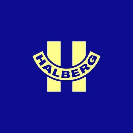 Blue background with large yellow H in the middle, then Halberg written where the horizontal section of the H would have been