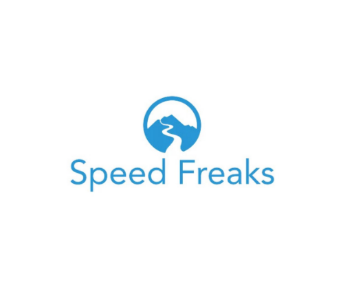 White background with blue text saying Speed Freaks. Blue graphic above with a mountain and river coming from it.