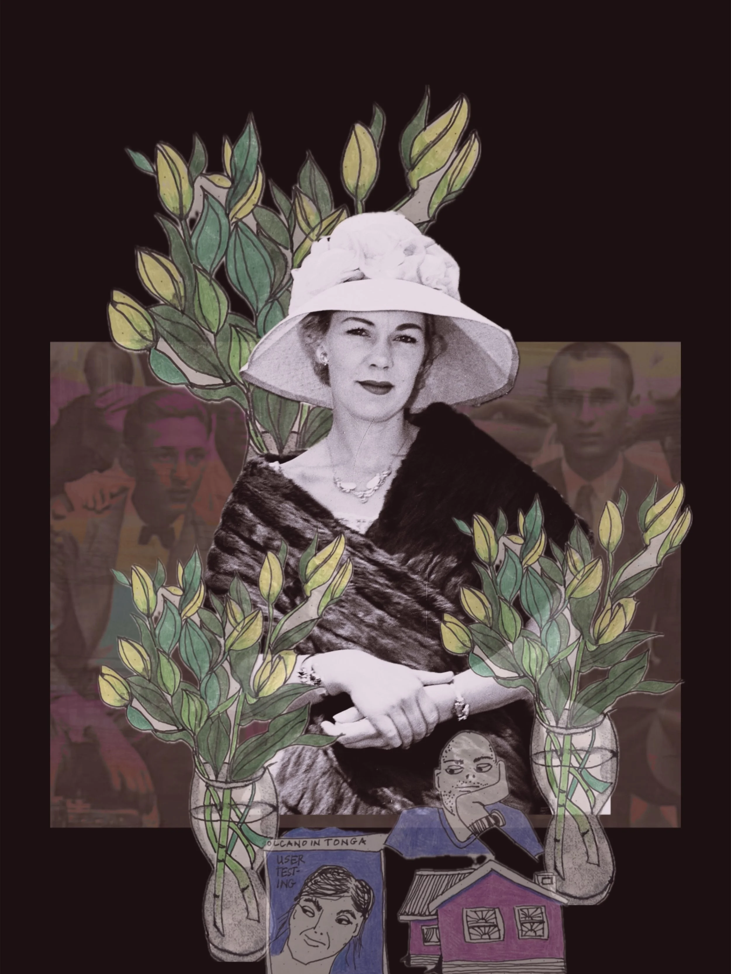 A collage featuring a black and white vintage photo of a woman wearing a large hat, with vases of leafy plants, a cartoon drawing of a woman, a house, and background images of people.