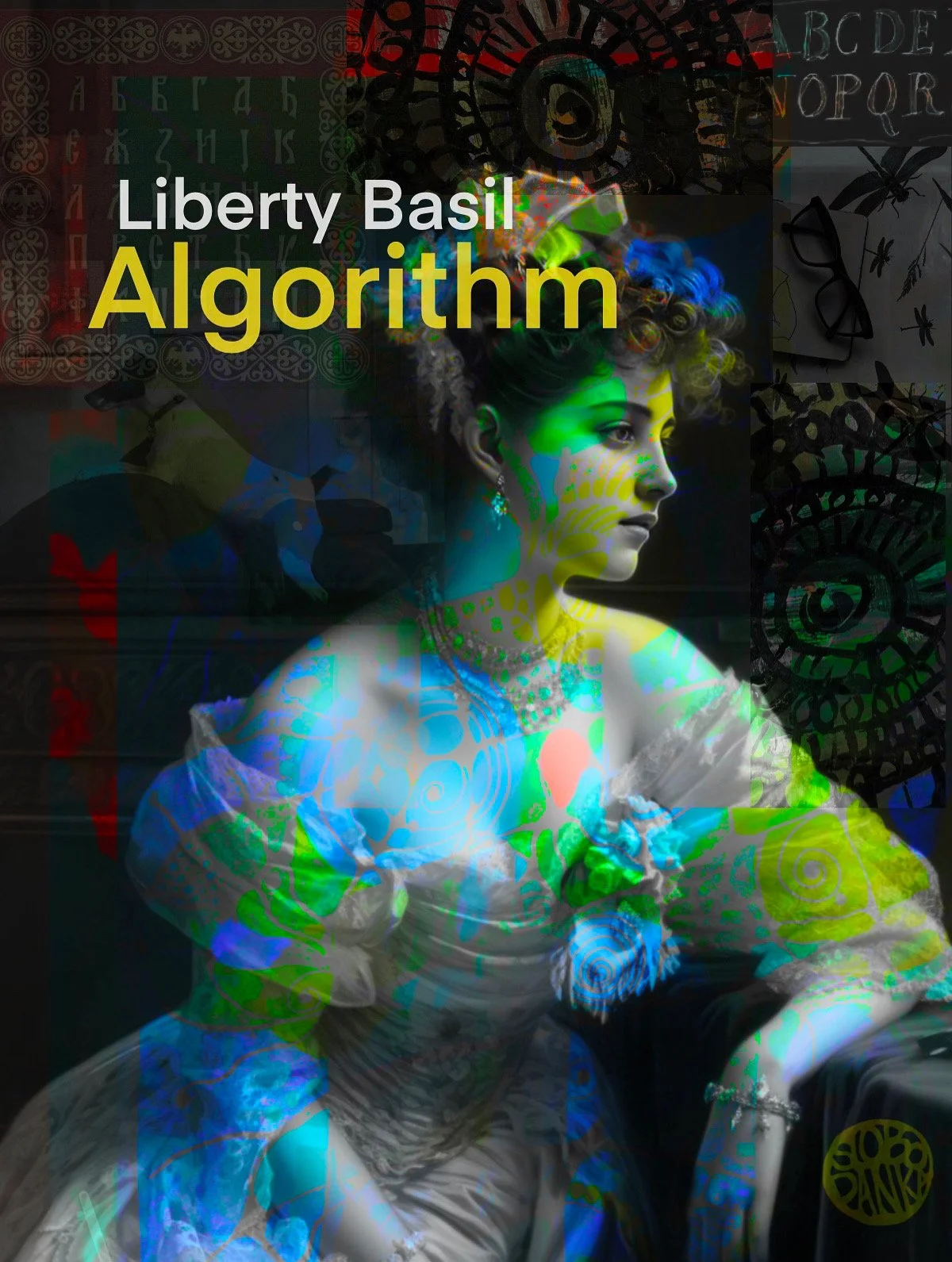 Expressive digital portrait titled "Algorithm" blending classical style with glitch-inspired overlays and vibrant colour shifts.