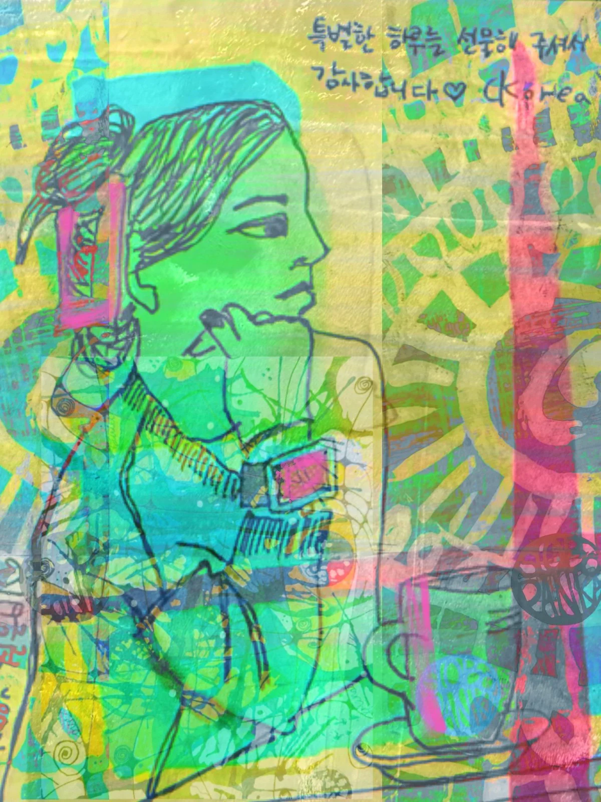 Delicate illustrative digital blend featuring Korean script, sketches, and layered greens and pinks