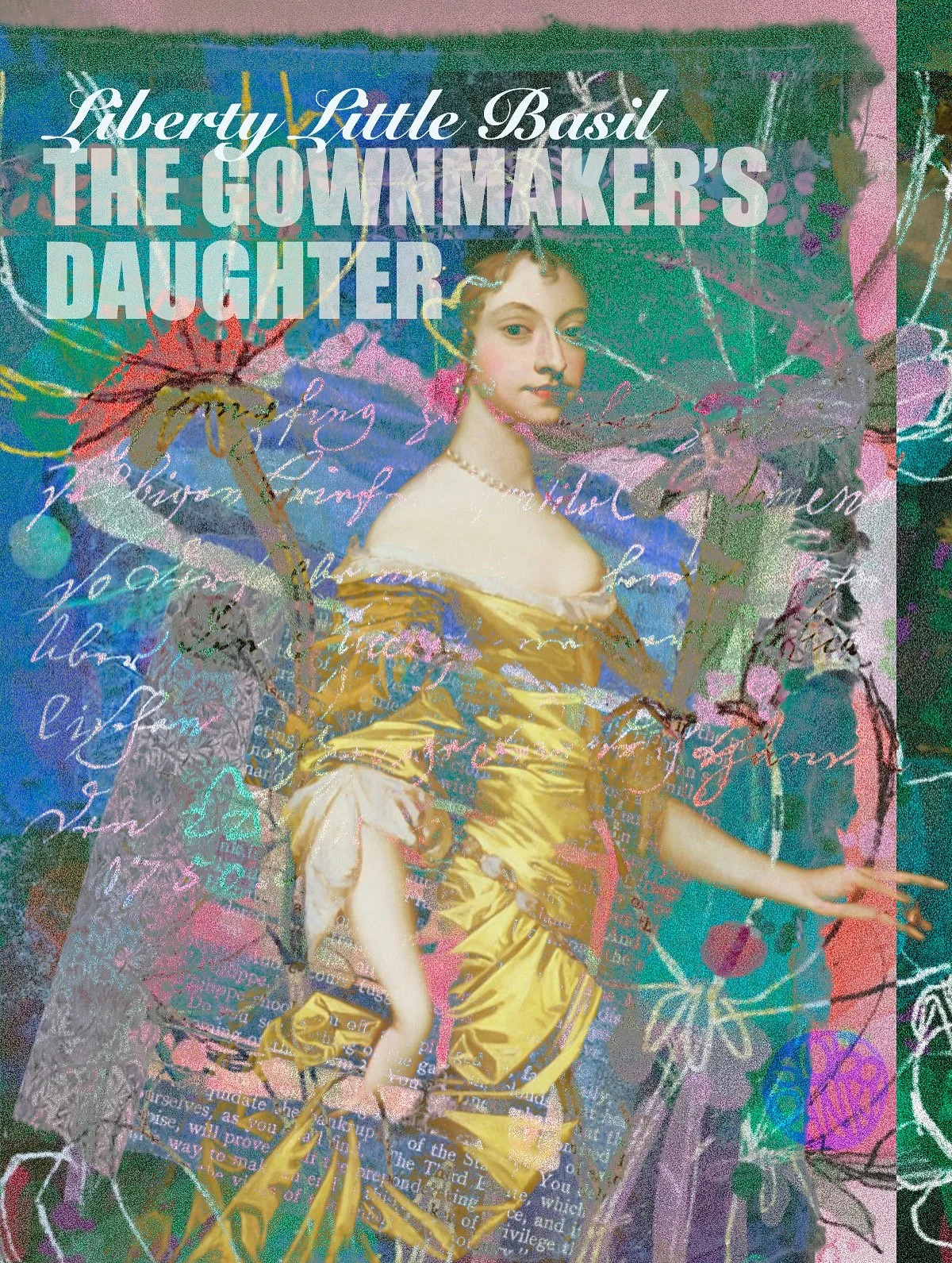 Baroque-inspired digital artwork of a woman in a golden gown with teal and pink overlays, titled "The Gownmaker’s Daughter".