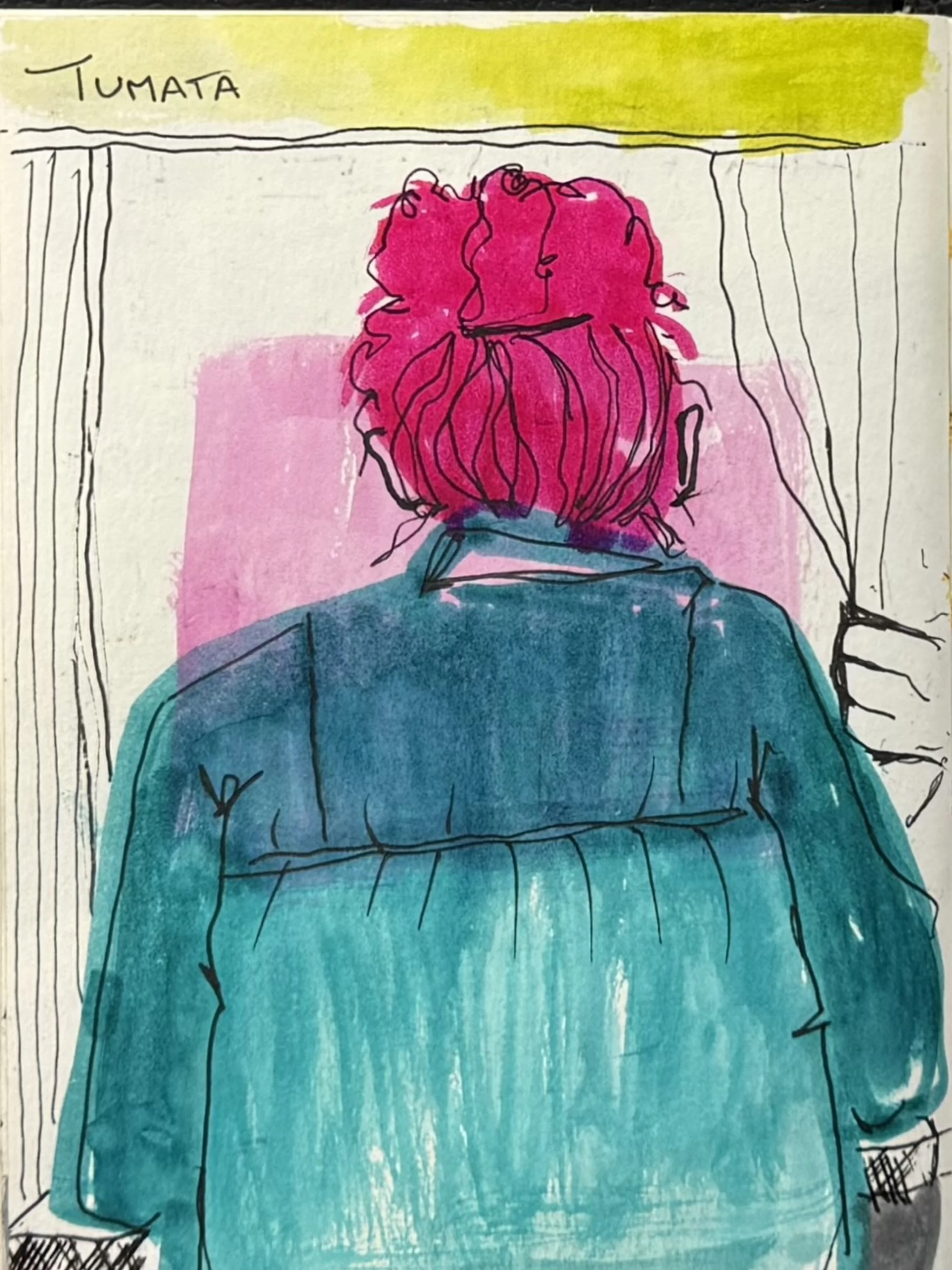 A colorful sketch of a person with bright pink hair viewed from behind, sitting in front of a window with curtains, labeled 'TUMATA' at the top.