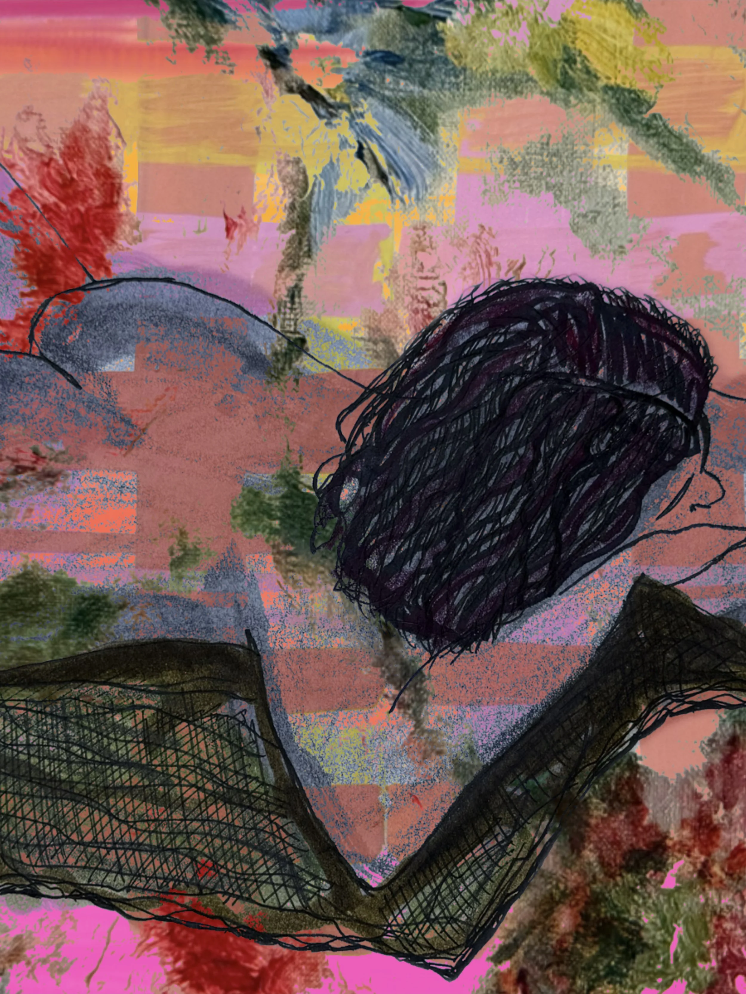 Abstract artwork featuring a black scribbled hair of a woman reading a book with a colorful, textured background of pink, red, green, blue, and yellow hues.