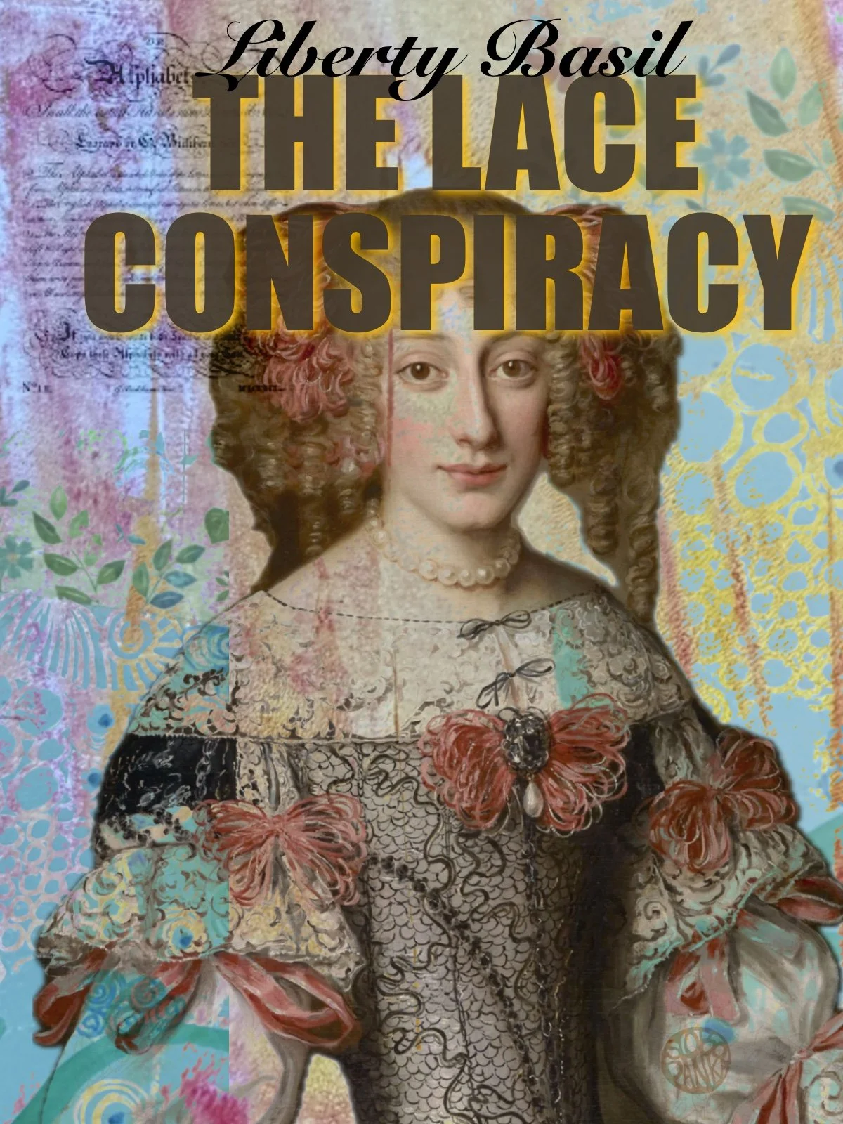 Portrait of a noblewoman with red bows and lace, set against a blue and gold background, titled "The Lace Conspiracy".