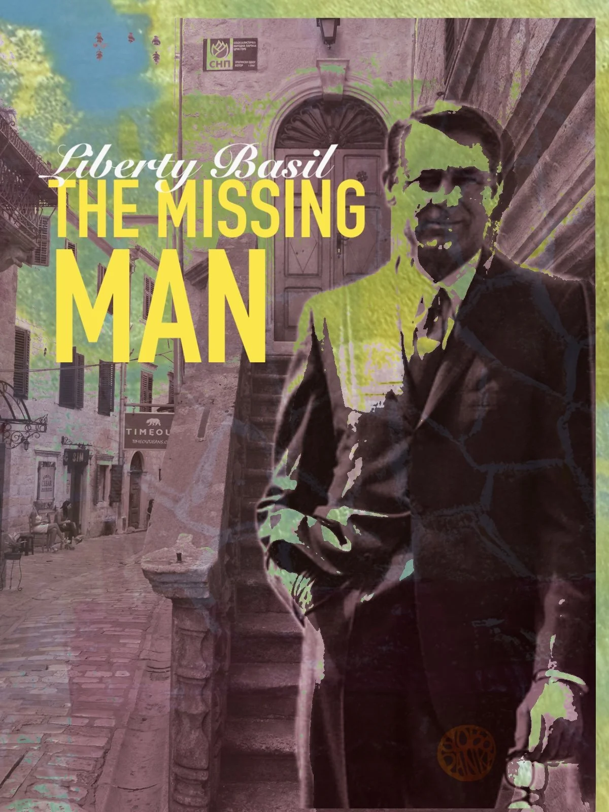 Faux film poster featuring a suited man on a moody street, layered with deep reds and greens; title reads The Missing Man.