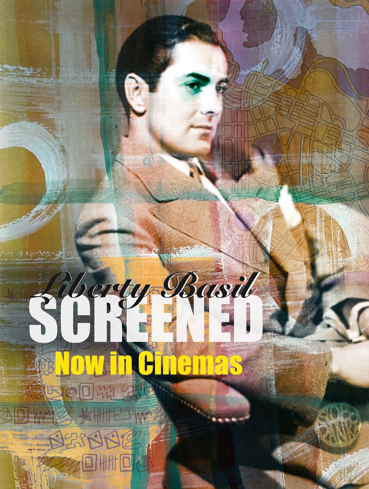 Classic Hollywood actor in a tan suit, tinted with cyan and rose hues; poster reads Screened by Liberty Basil—Now in Cinemas.
