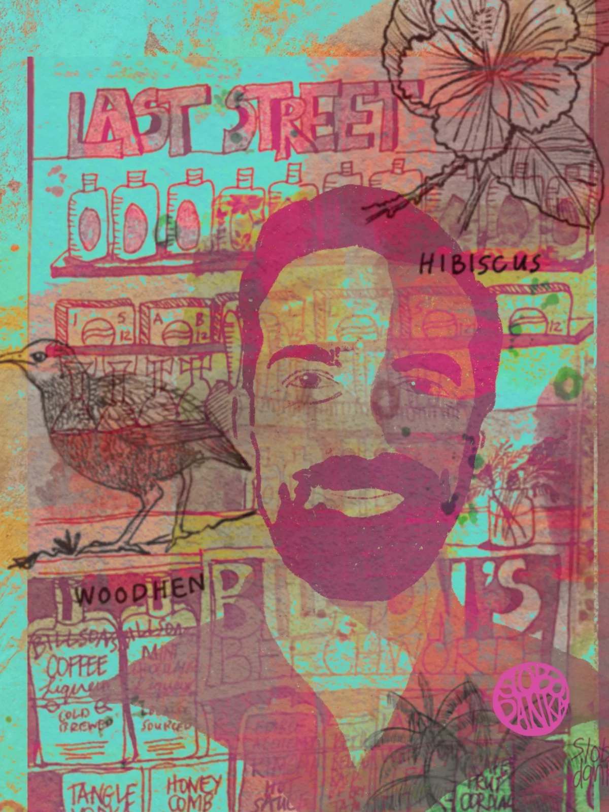 Portrait-based digital collage set against vibrant pinks and blues, with typographic overlays and nostalgic textures.”
