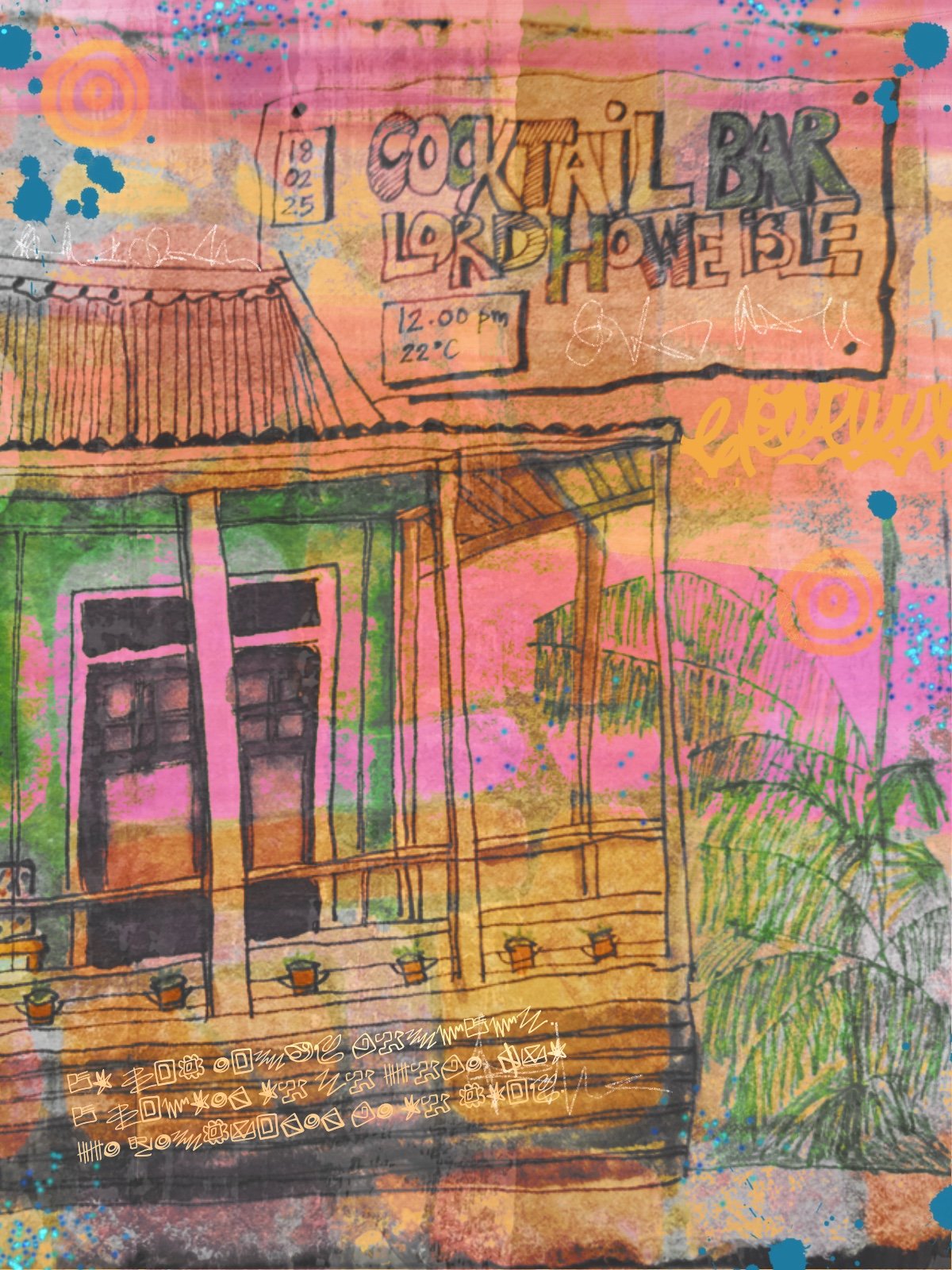 Playful architectural digital artwork with layered illustrations of a bar scene in vivid summer colours