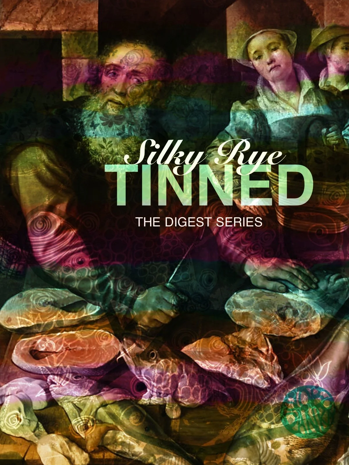 Collaged digital artwork titled Silky Rye: Tinned, showing classic still life fish and meat, overlaid with translucent portraits and deep jewel tones.