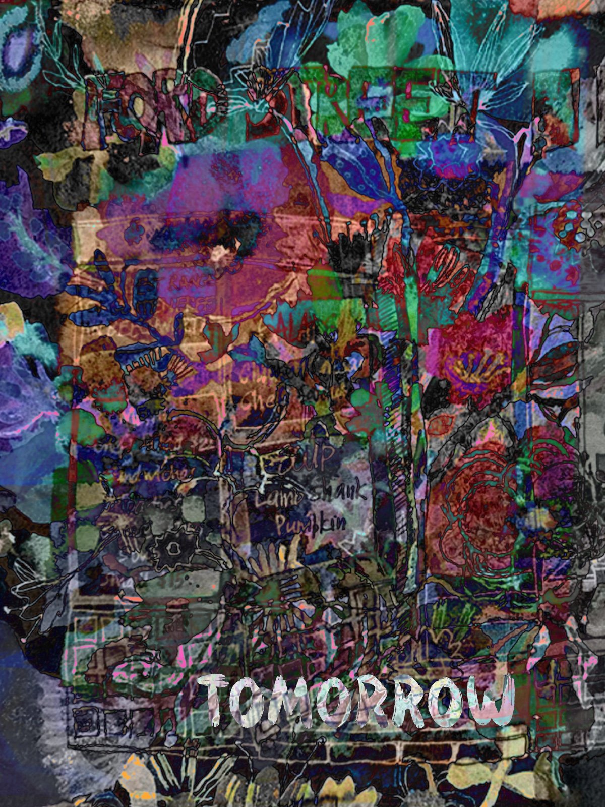 Highly textured digital collage blending mark-making, colour fragments, and layered patterns—bold and expressive.”