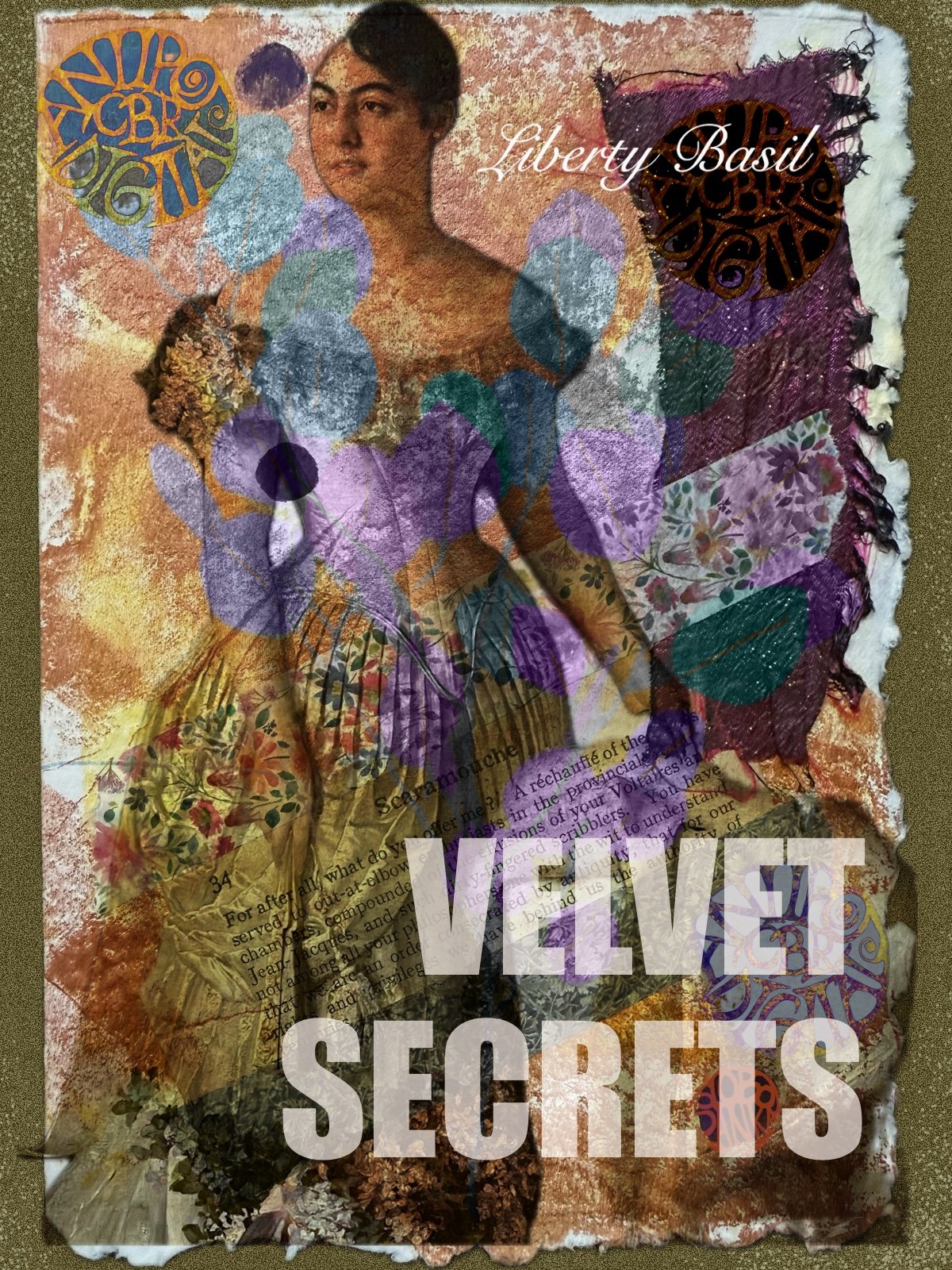 Digital collage portrait titled "Velvet Secrets" featuring layered textures, florals, and a woman in blue and gold.